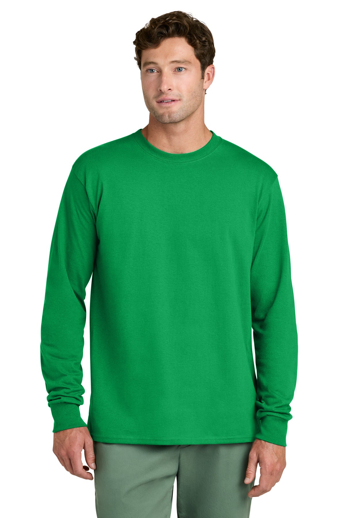Custom logo Port & Co® Long Sleeve Core Cotton Tee. PC54LS in Clover Green