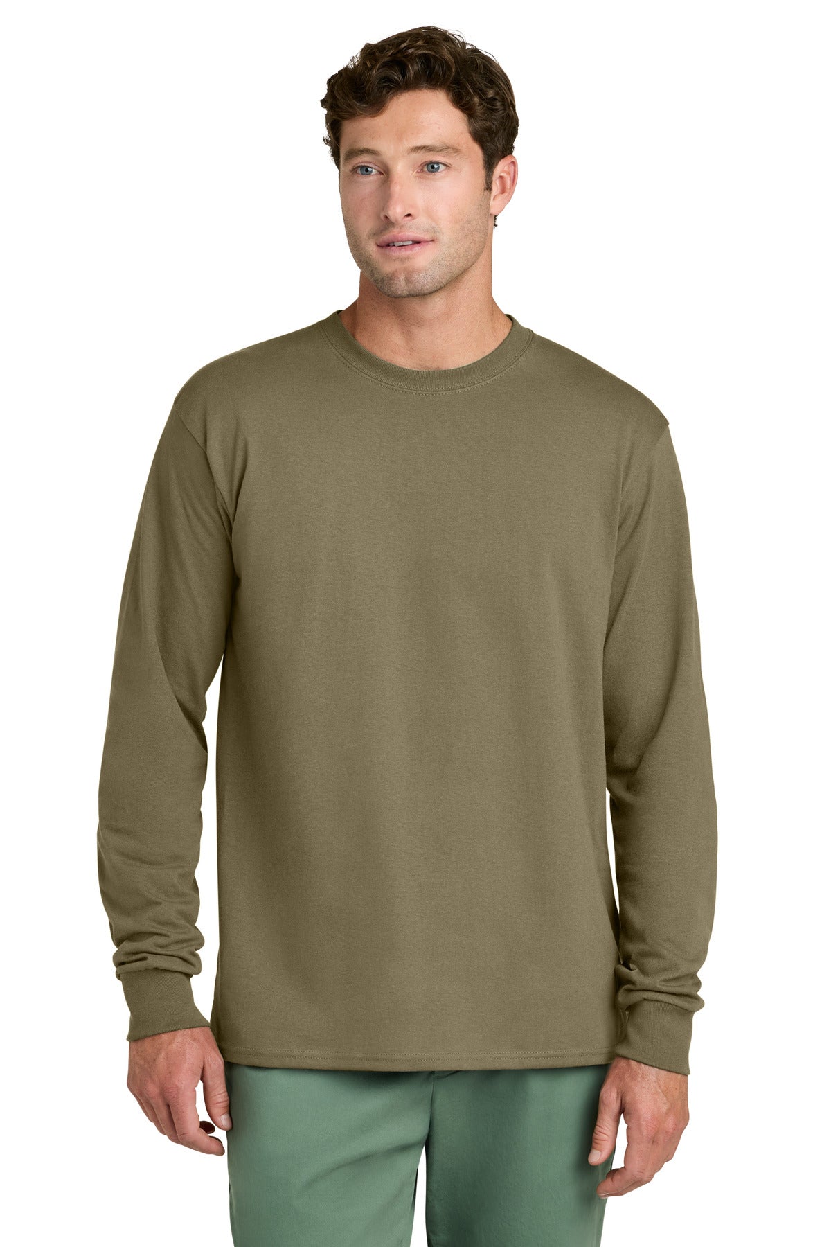 Custom logo Port & Co® Long Sleeve Core Cotton Tee. PC54LS in Coyote Brown
