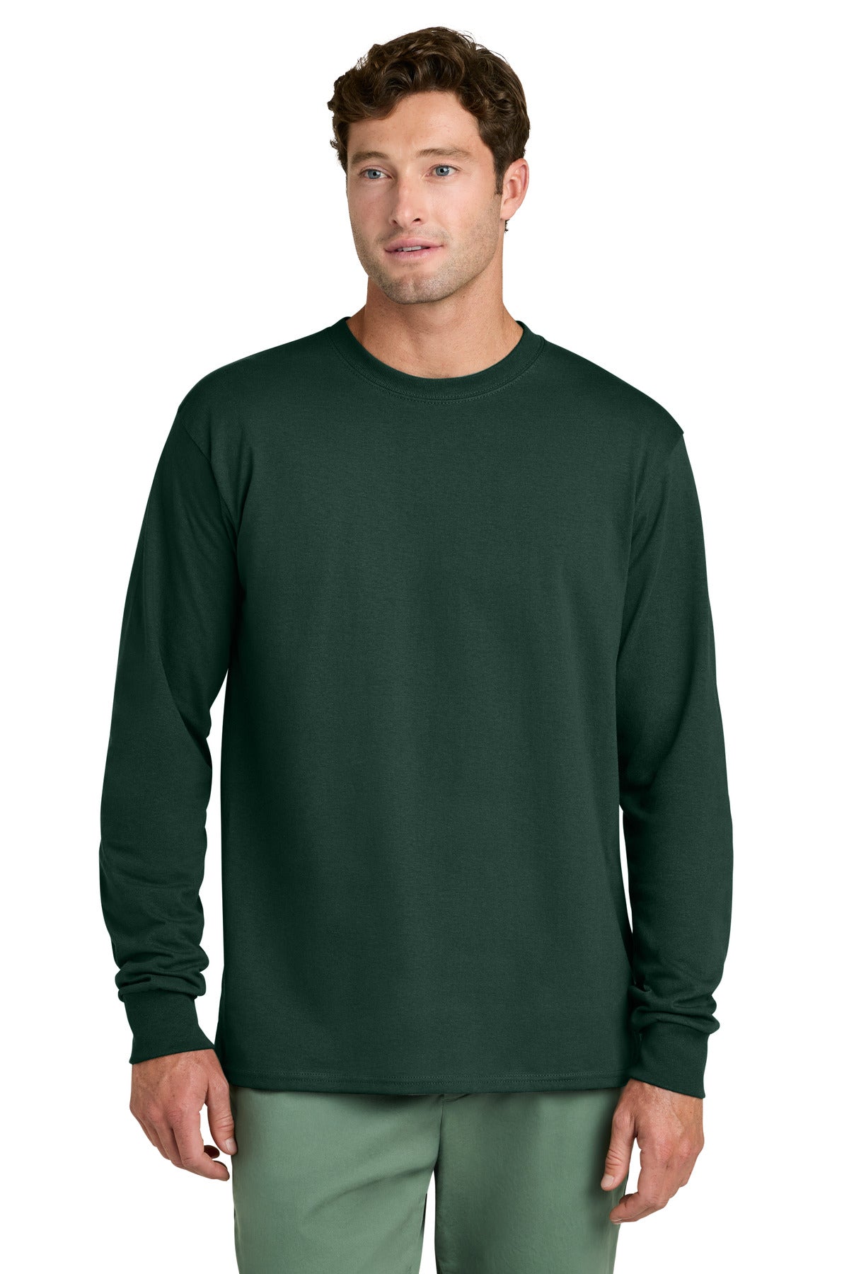 Custom logo Port & Co® Long Sleeve Core Cotton Tee. PC54LS in Dark Green