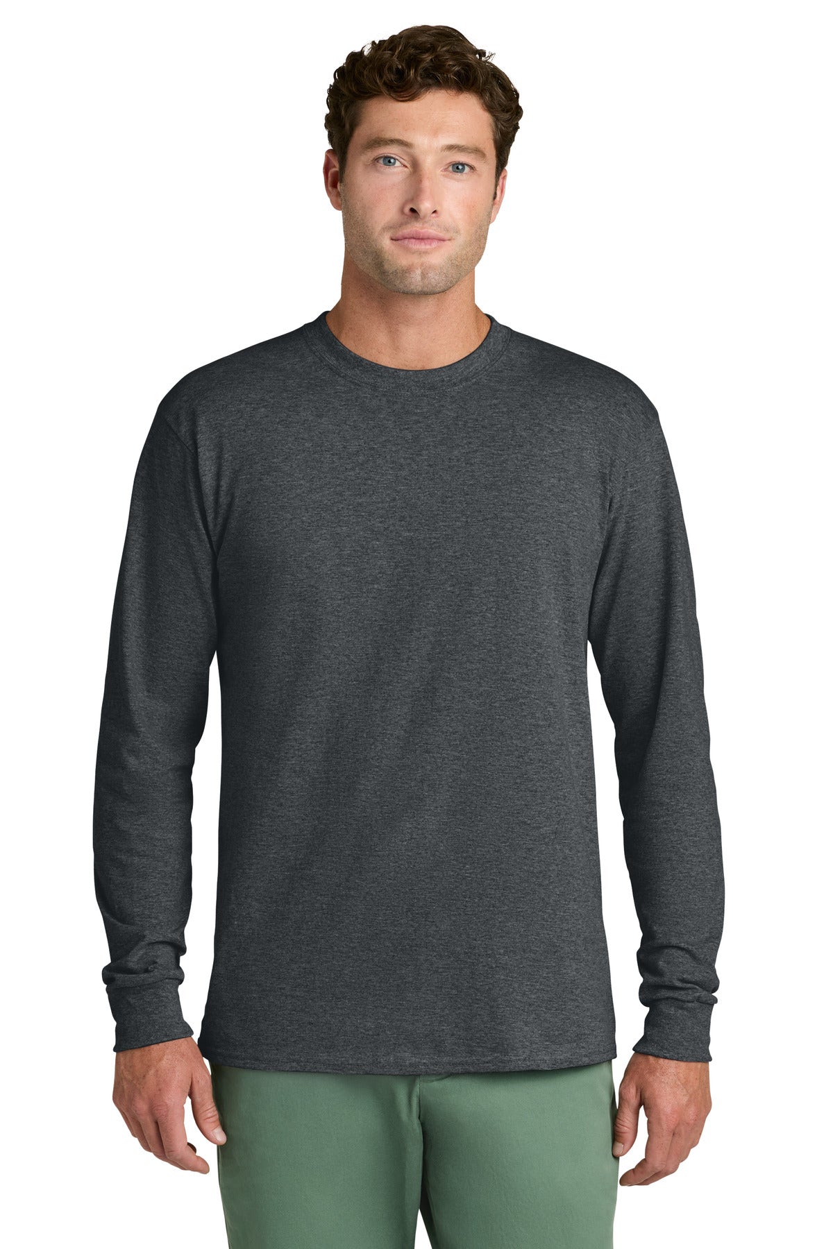Custom logo Port & Co® Long Sleeve Core Cotton Tee. PC54LS in Dark Heather Grey