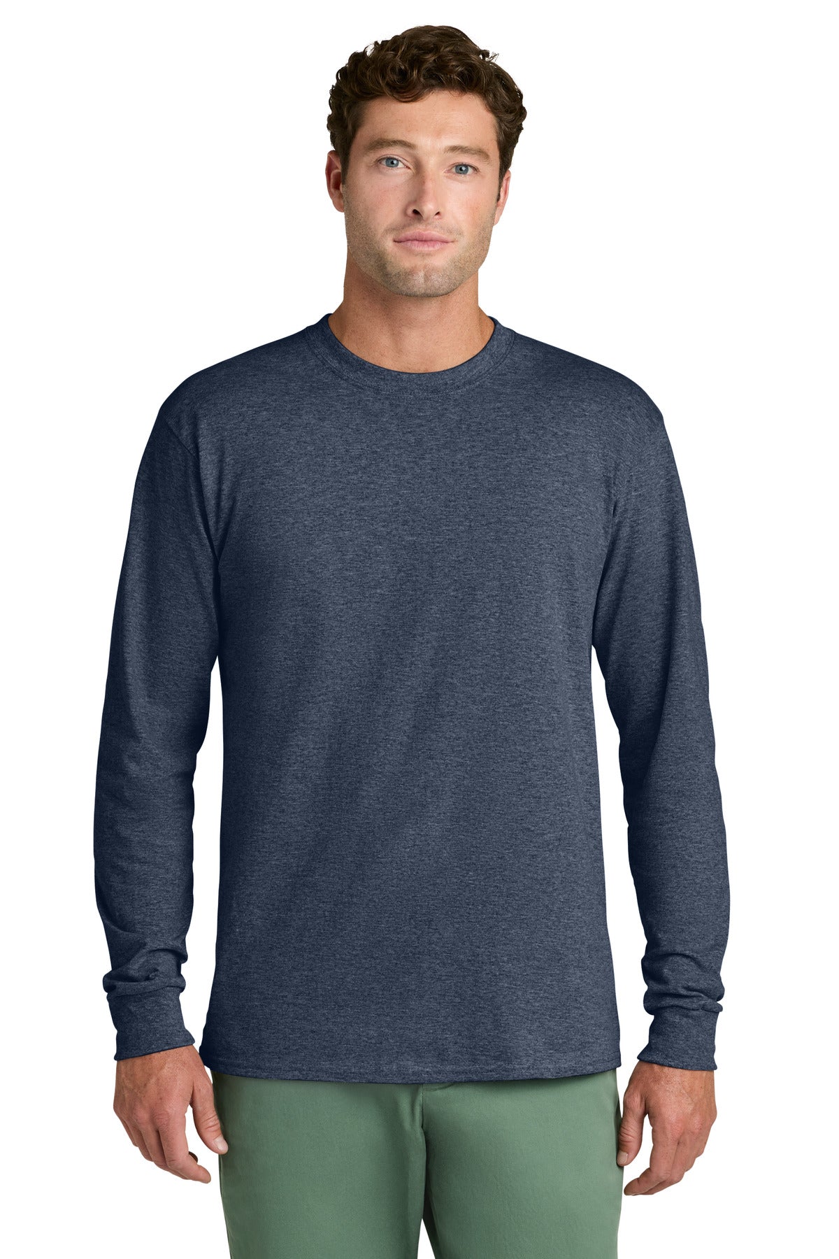 Custom logo Port & Co® Long Sleeve Core Cotton Tee. PC54LS in Heather Navy