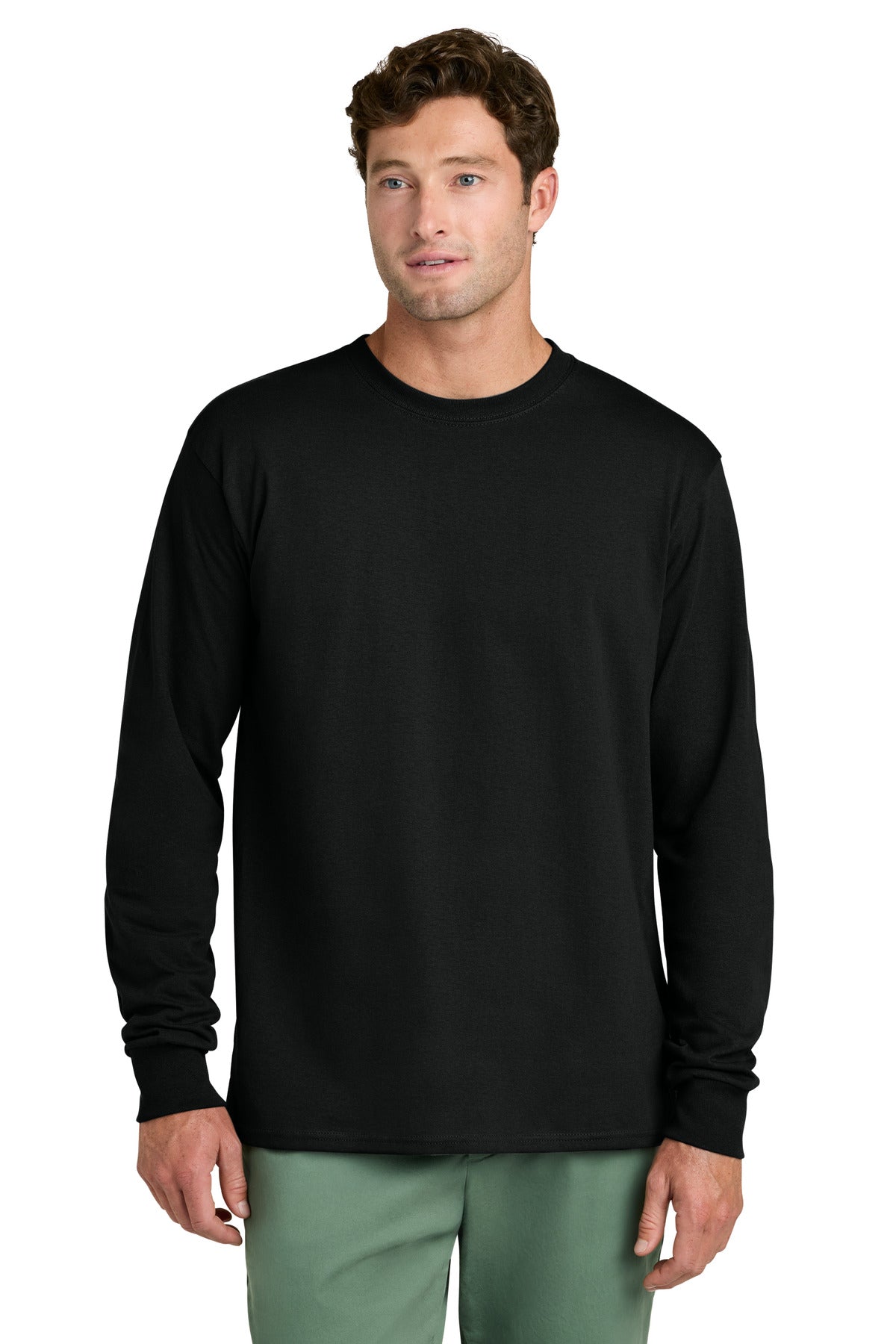 Custom logo Port & Co® Long Sleeve Core Cotton Tee. PC54LS in Jet Black