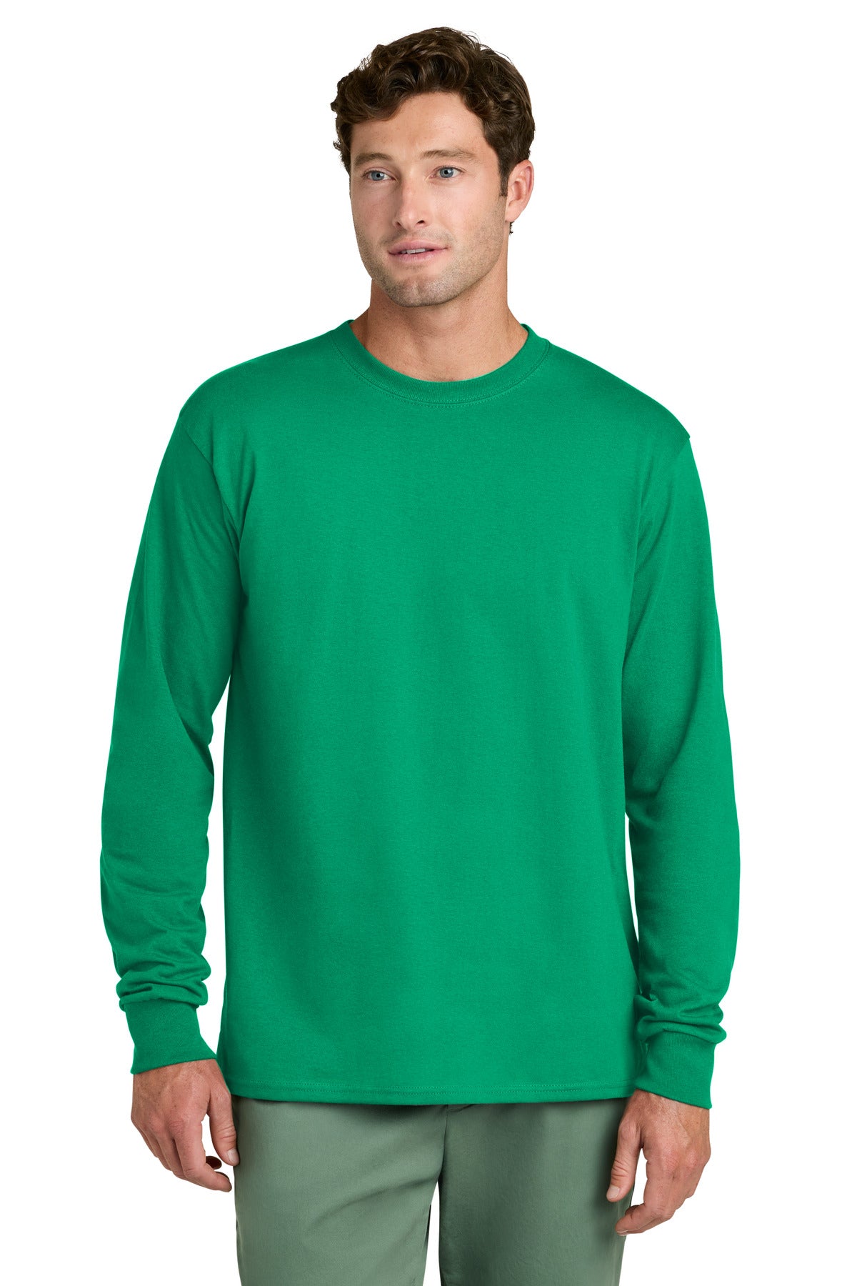 Custom logo Port & Co® Long Sleeve Core Cotton Tee. PC54LS in Kelly
