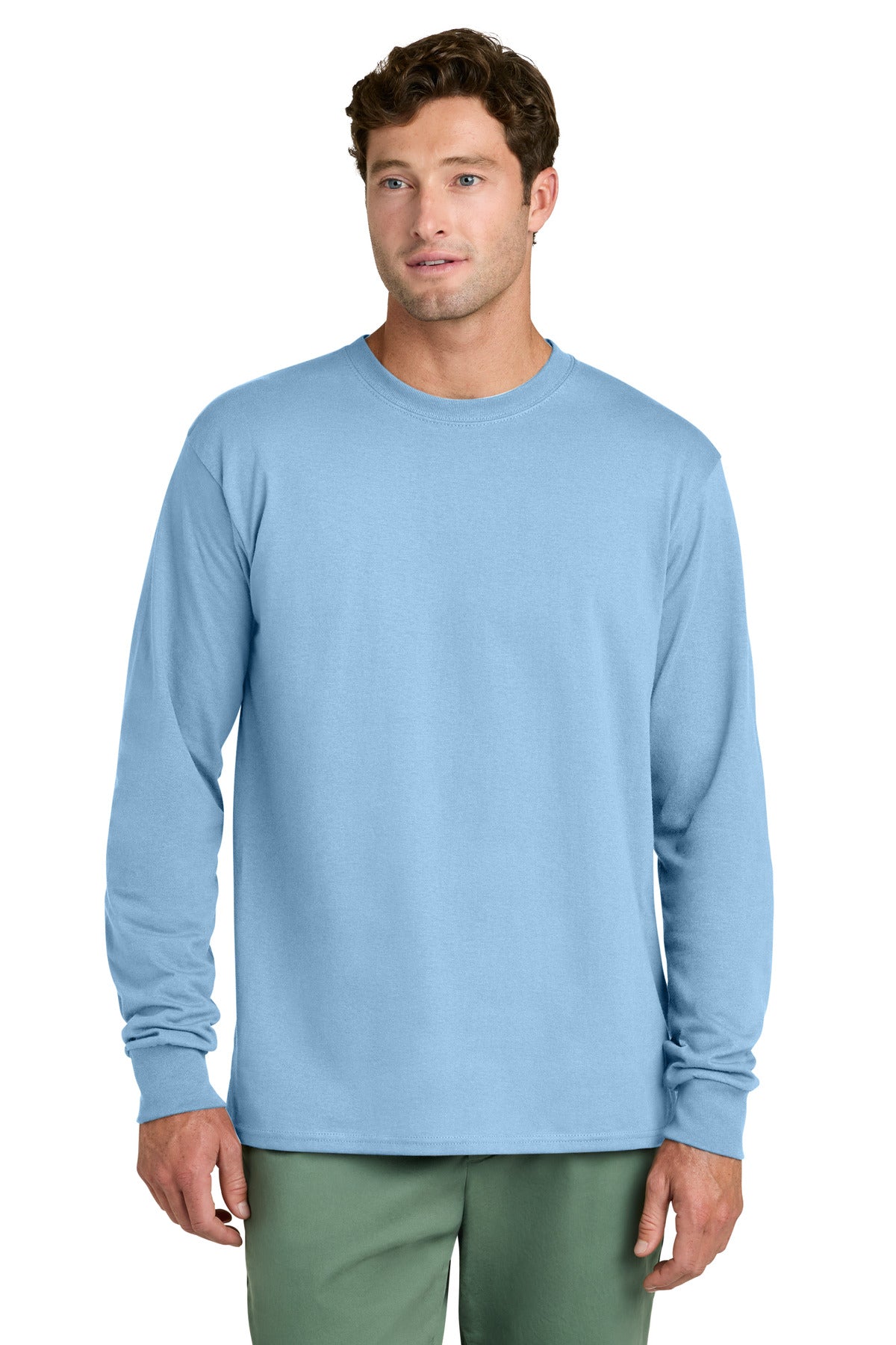 Custom logo Port & Co® Long Sleeve Core Cotton Tee. PC54LS in Light Blue