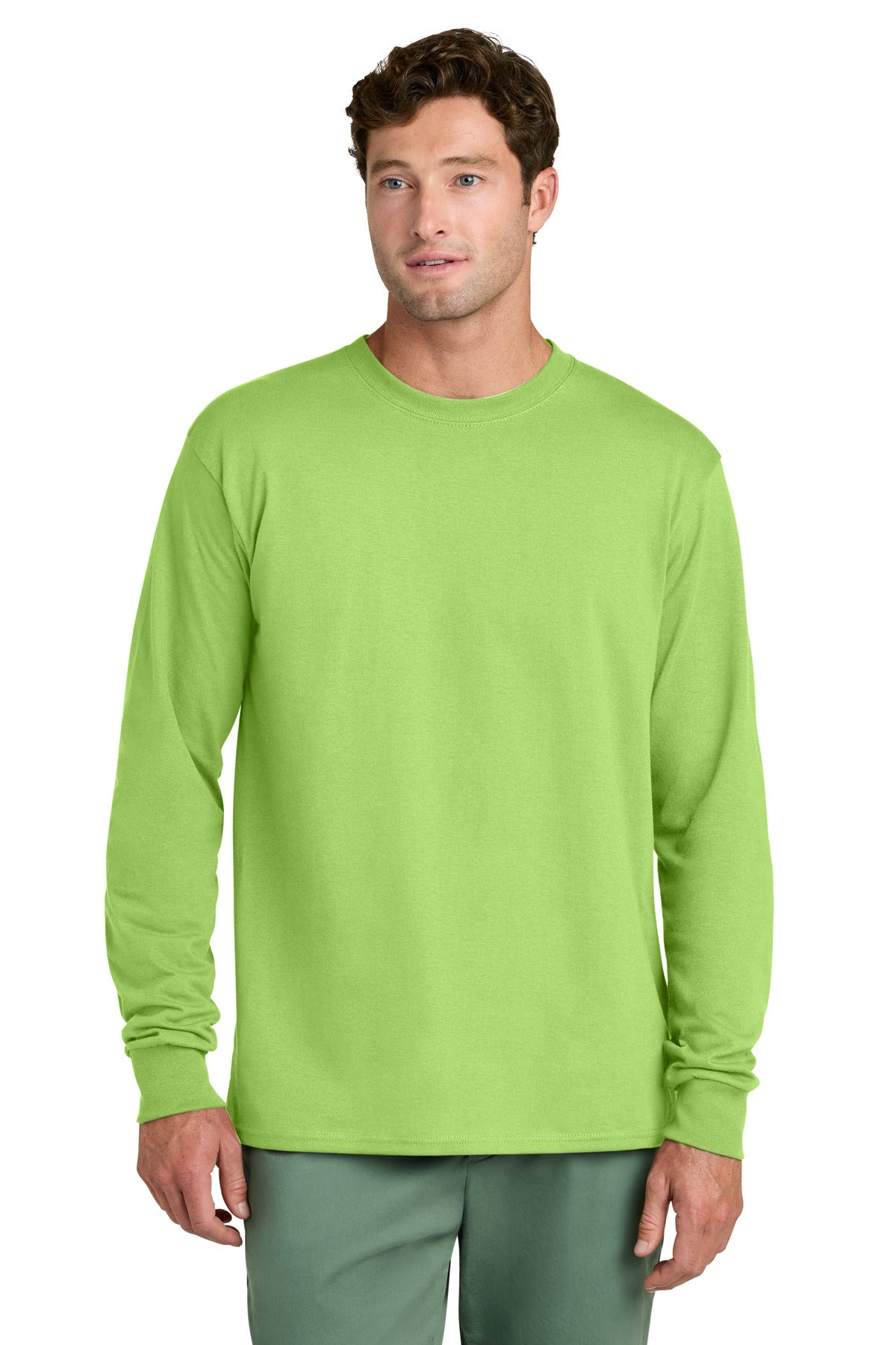 Custom logo Port & Co® Long Sleeve Core Cotton Tee. PC54LS in Lime
