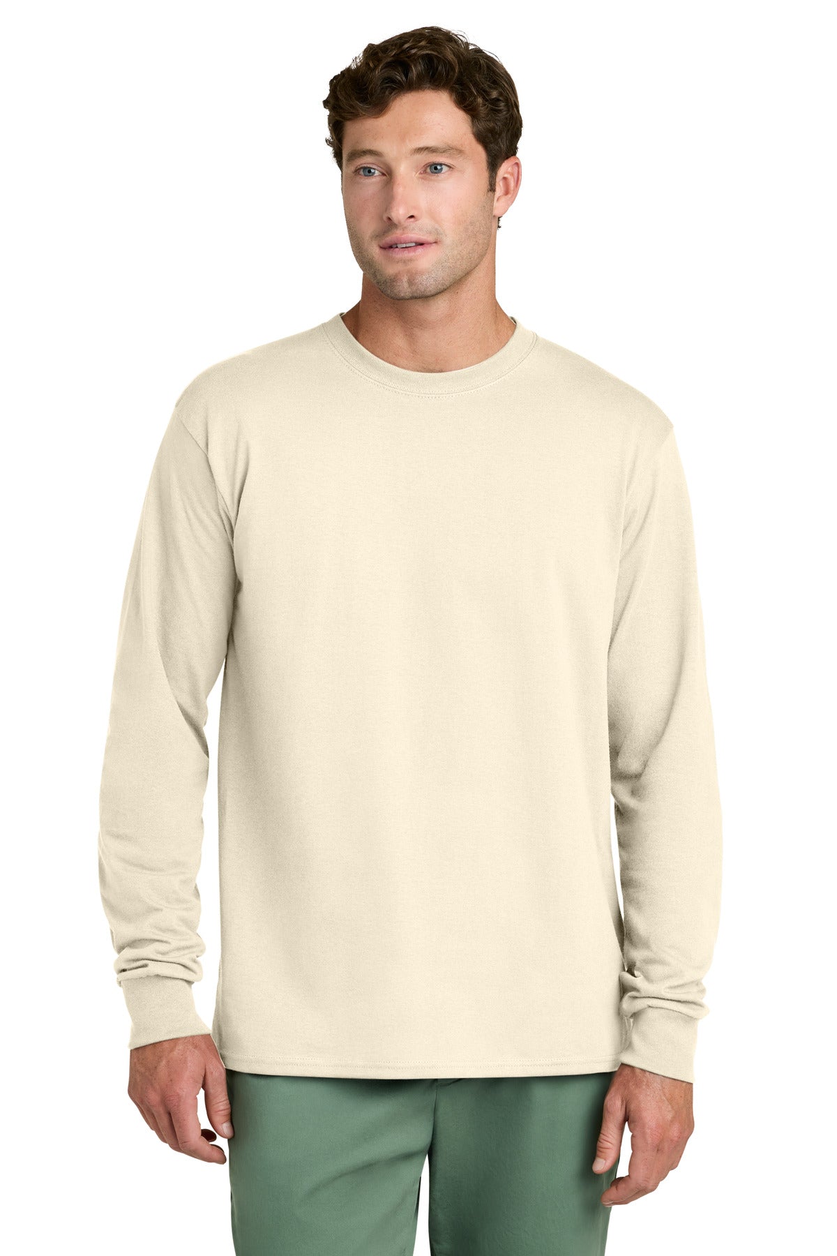 Custom logo Port & Co® Long Sleeve Core Cotton Tee. PC54LS in Natural