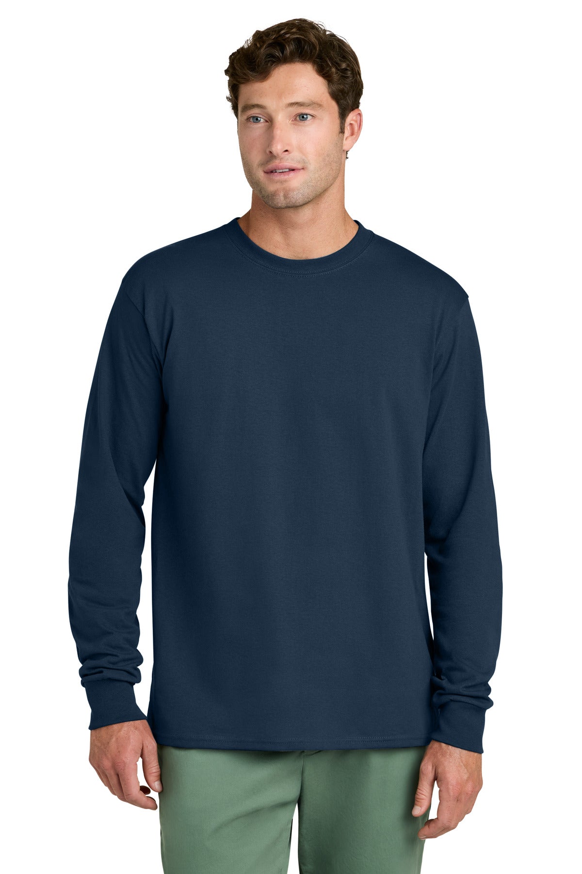 Custom logo Port & Co® Long Sleeve Core Cotton Tee. PC54LS in Navy