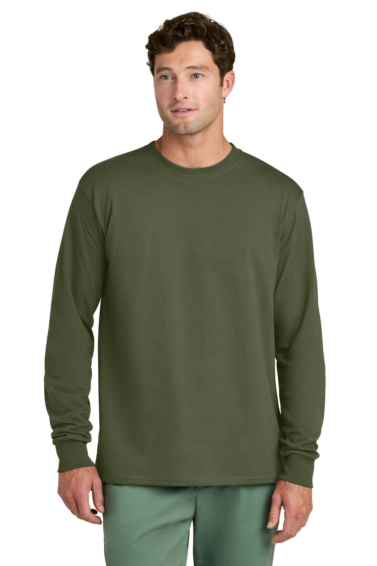 Custom logo Port & Co® Long Sleeve Core Cotton Tee. PC54LS in Olive Drab Green