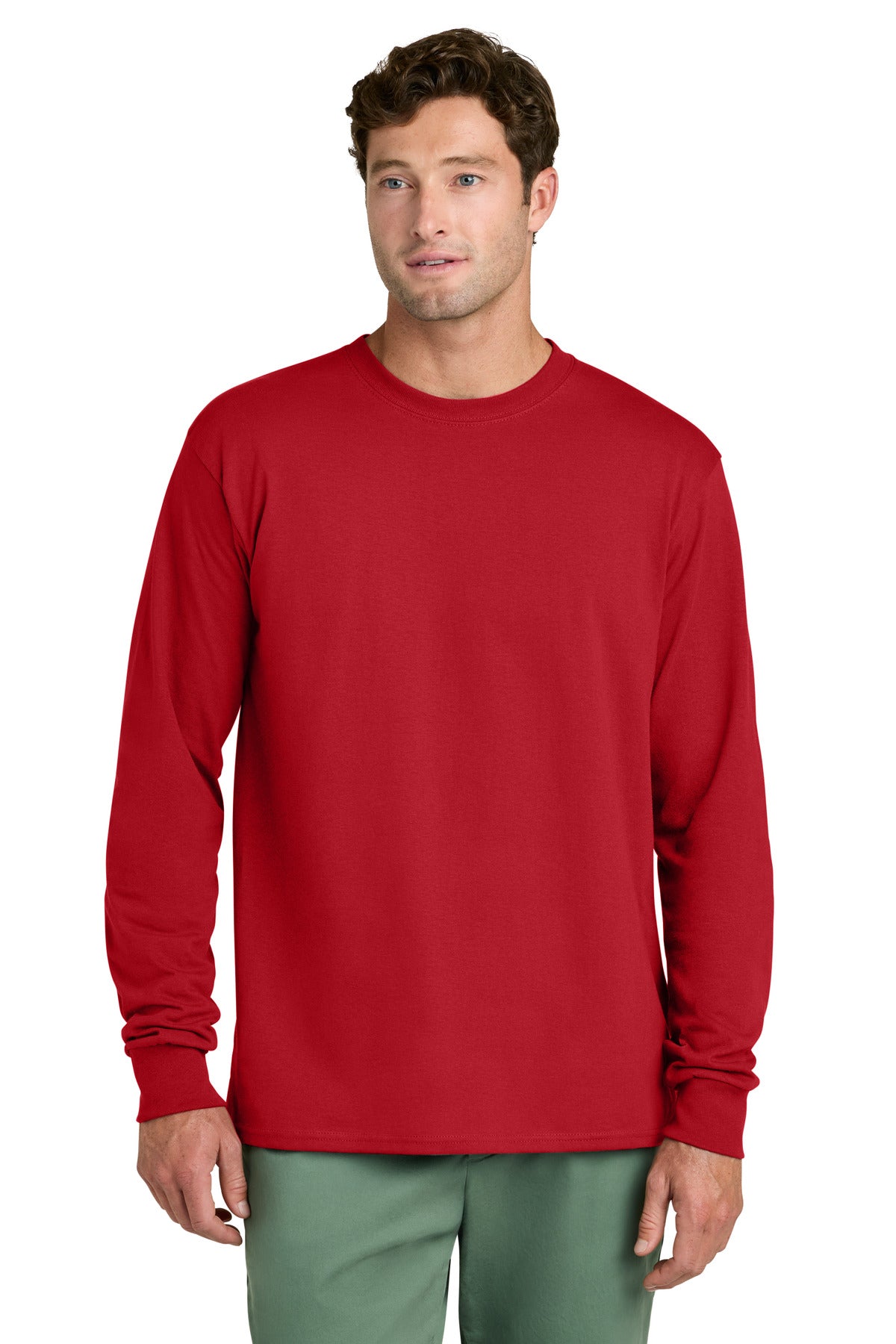 Custom logo Port & Co® Long Sleeve Core Cotton Tee. PC54LS in Red