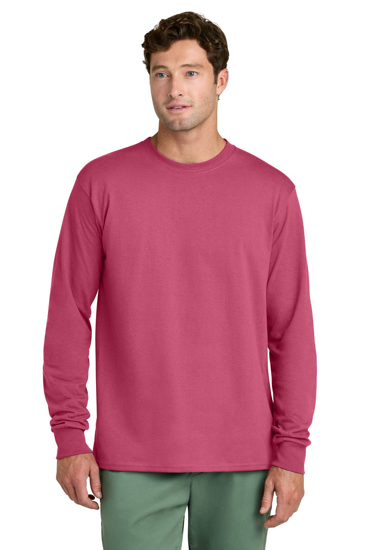 Custom logo Port & Co® Long Sleeve Core Cotton Tee. PC54LS in Sangria
