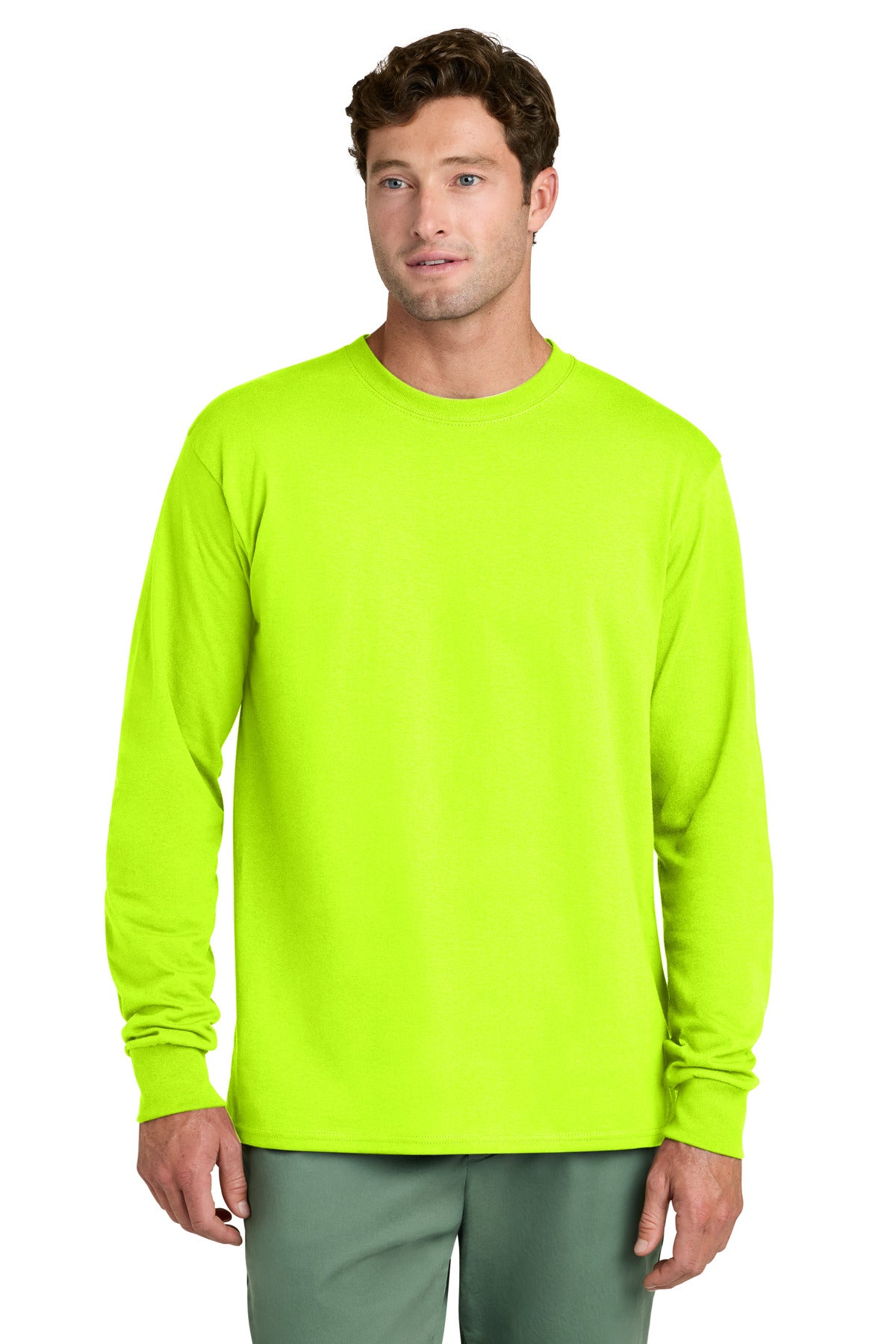 Custom logo Port & Co® Long Sleeve Core Cotton Tee. PC54LS in S. Green