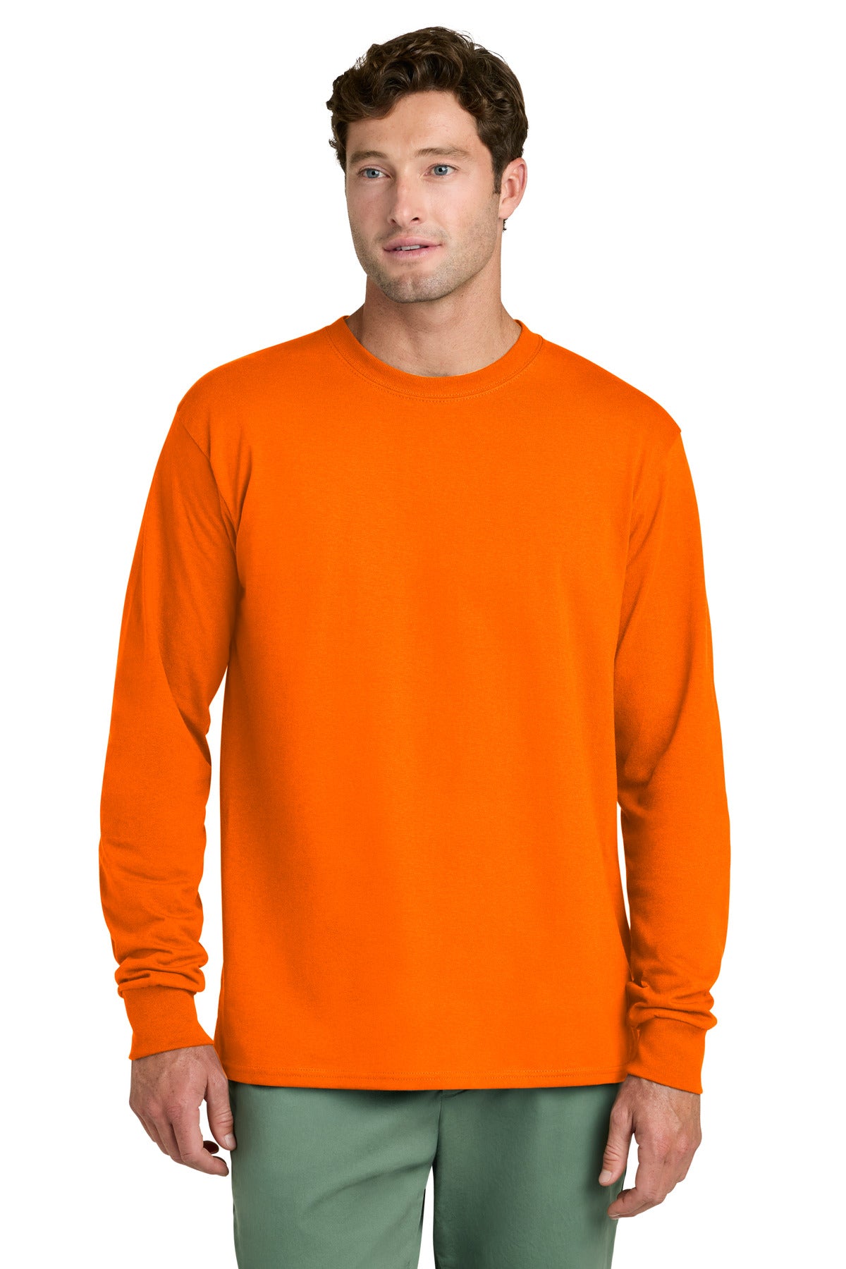 Custom logo Port & Co® Long Sleeve Core Cotton Tee. PC54LS in S. Orange