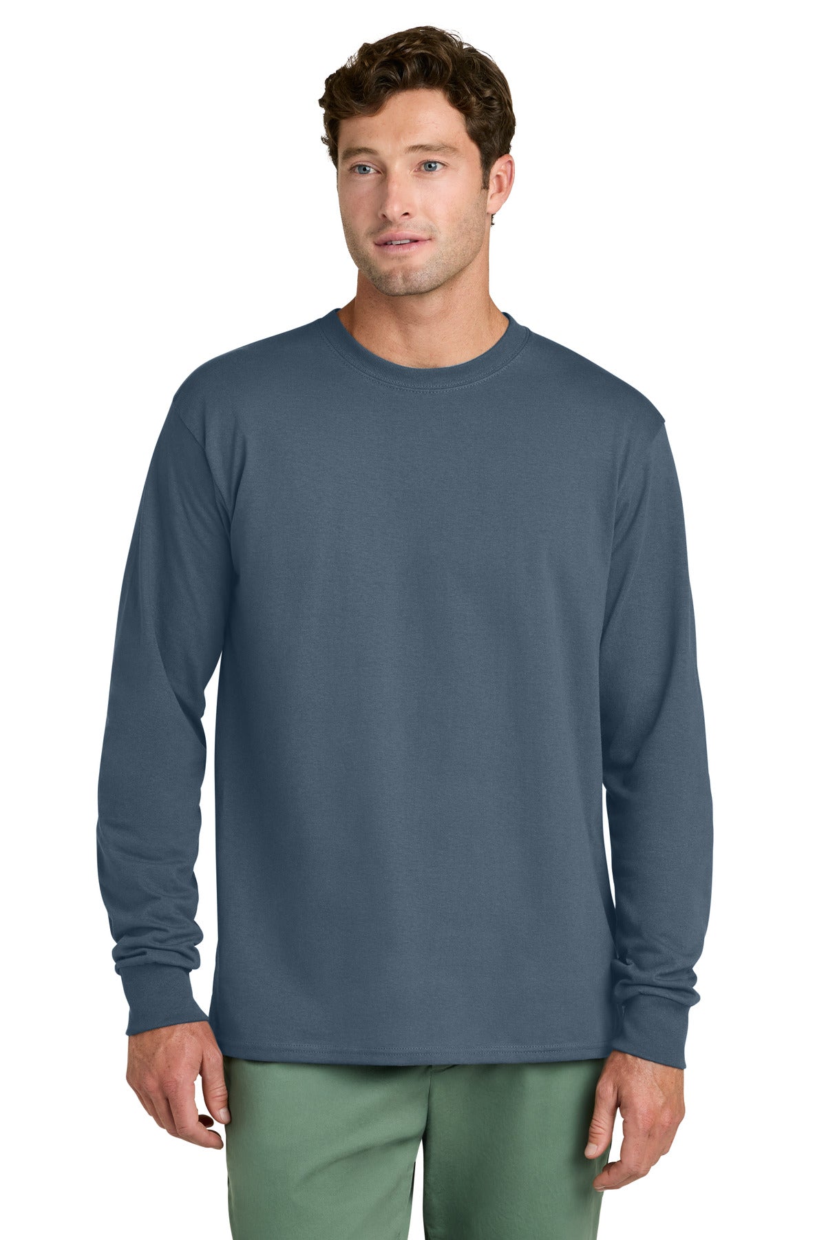 Custom logo Port & Co® Long Sleeve Core Cotton Tee. PC54LS in Steel Blue