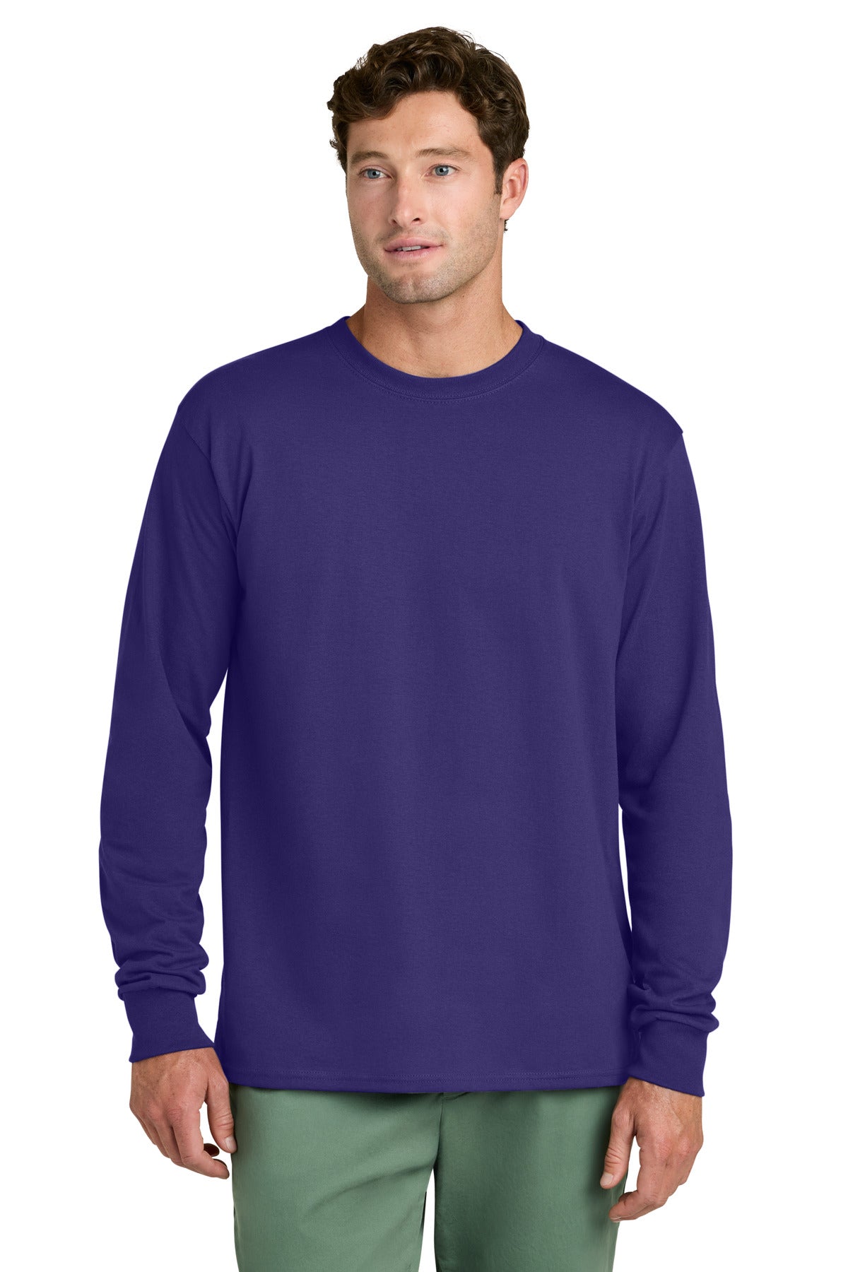 Custom logo Port & Co® Long Sleeve Core Cotton Tee. PC54LS in Team Purple