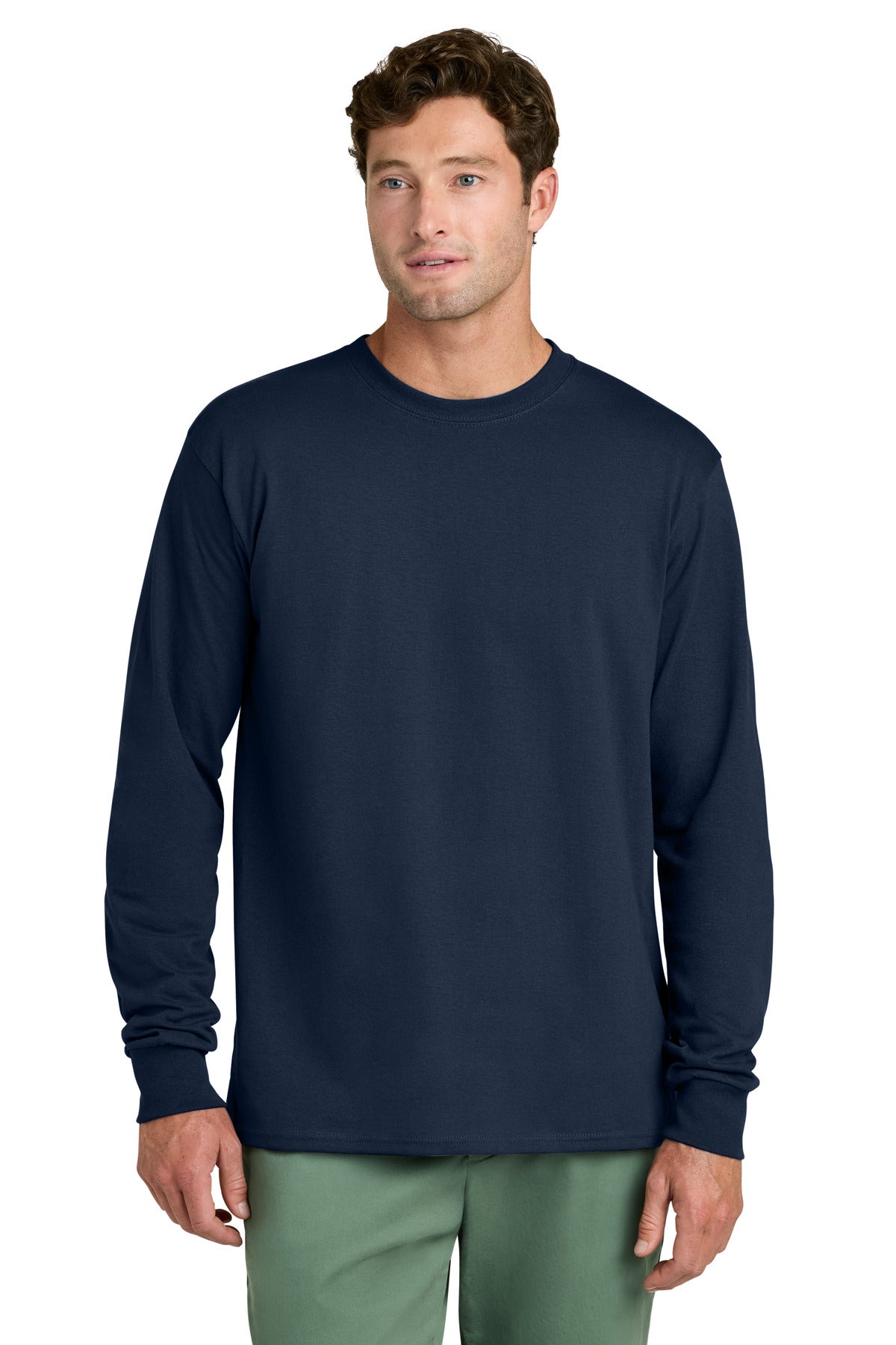 Custom logo Port & Co® Long Sleeve Core Cotton Tee. PC54LS in True Navy