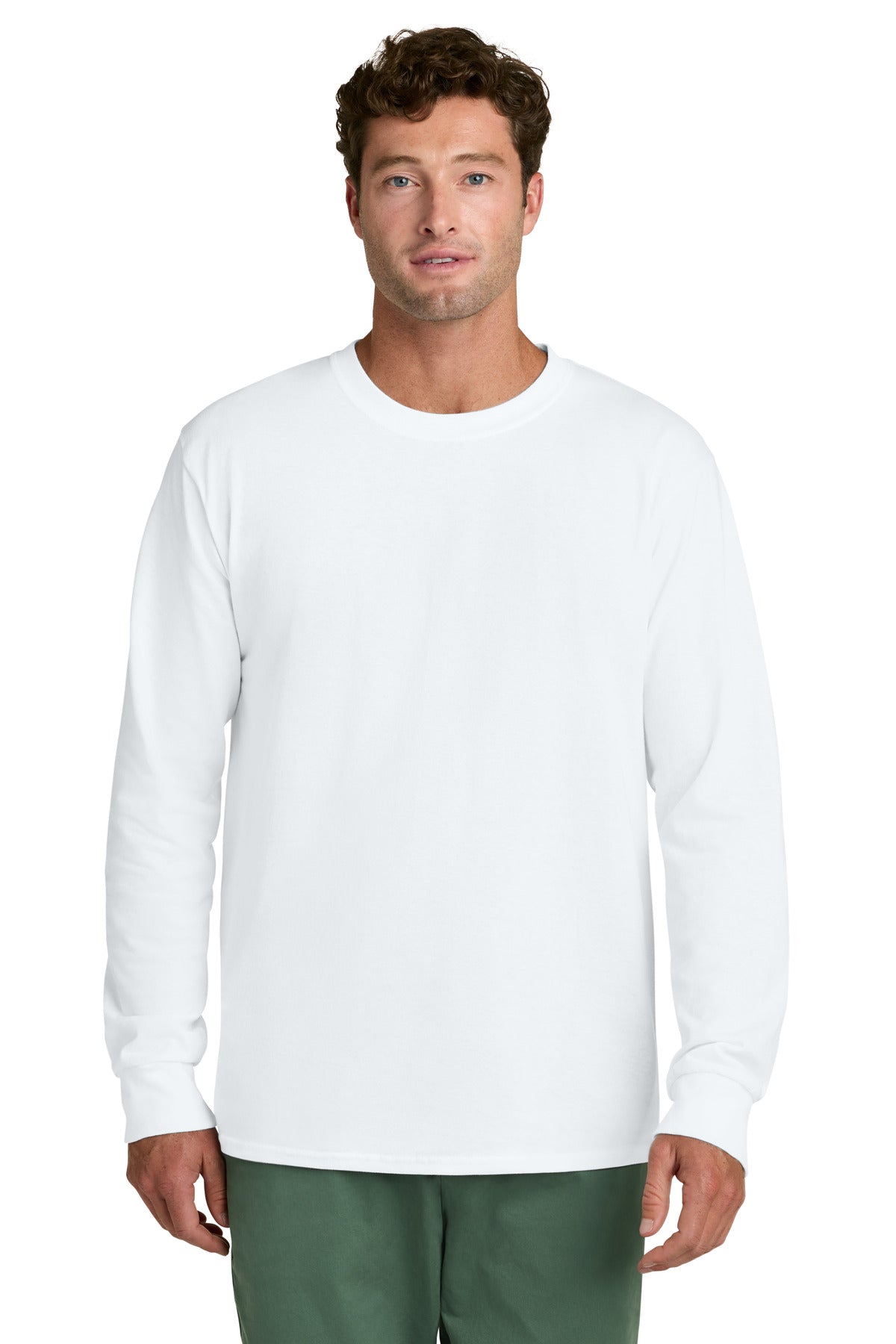 Custom logo Port & Co® Long Sleeve Core Cotton Tee. PC54LS in White