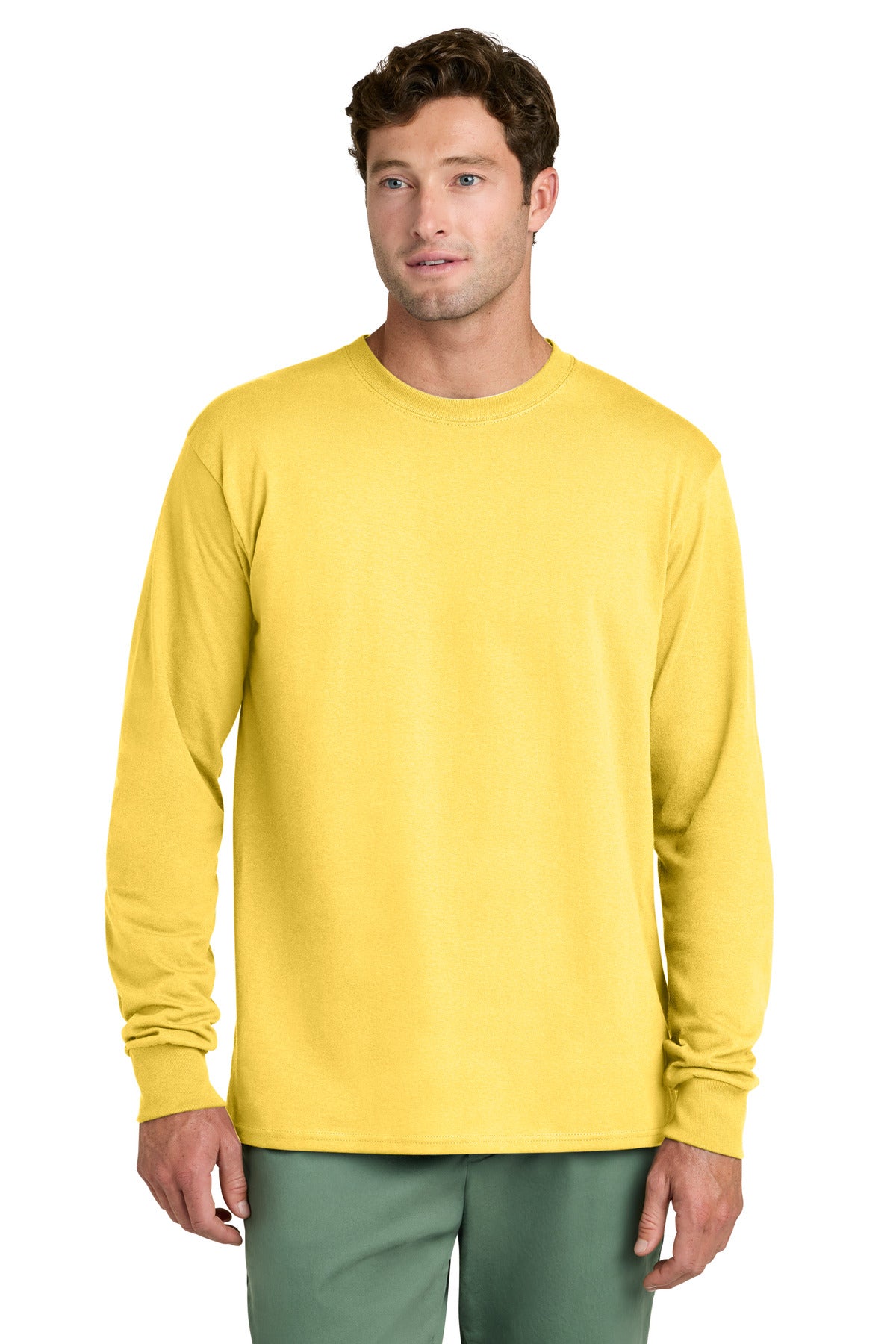 Custom logo Port & Co® Long Sleeve Core Cotton Tee. PC54LS in Yellow