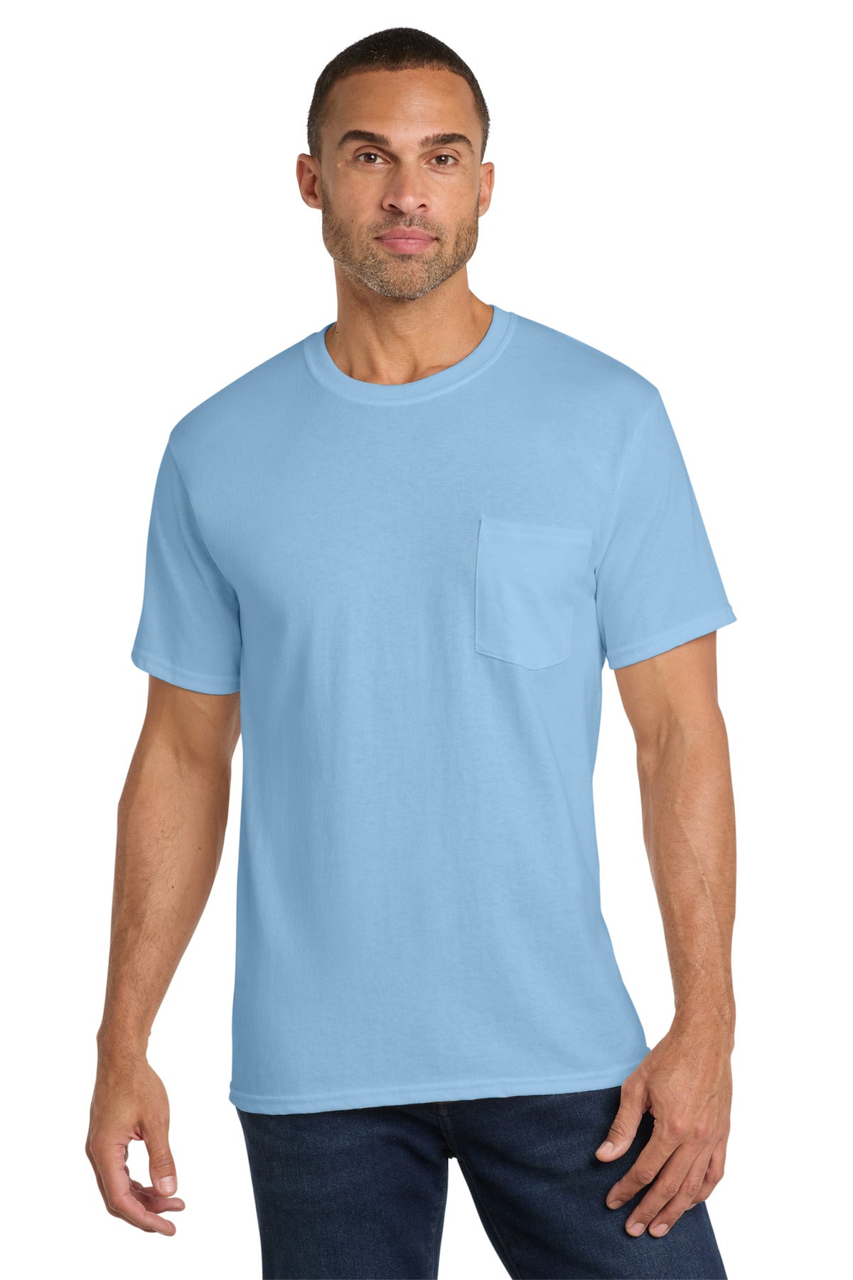 Custom logo Port & Co® Core Cotton Pocket Tee. PC54P in Light Blue