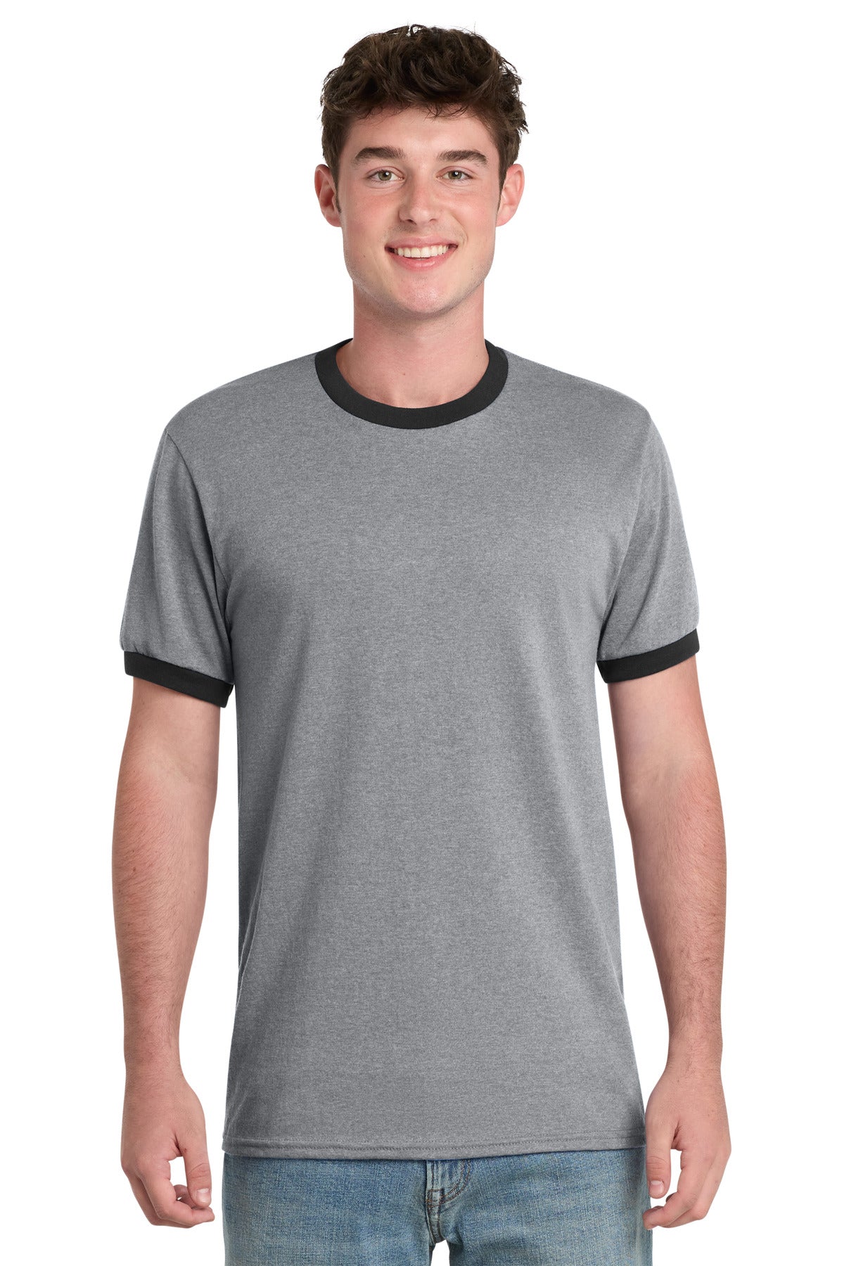 Custom logo Port & Co® Core Cotton Ringer Tee.  PC54R in Athletic Heather/ Jet Black