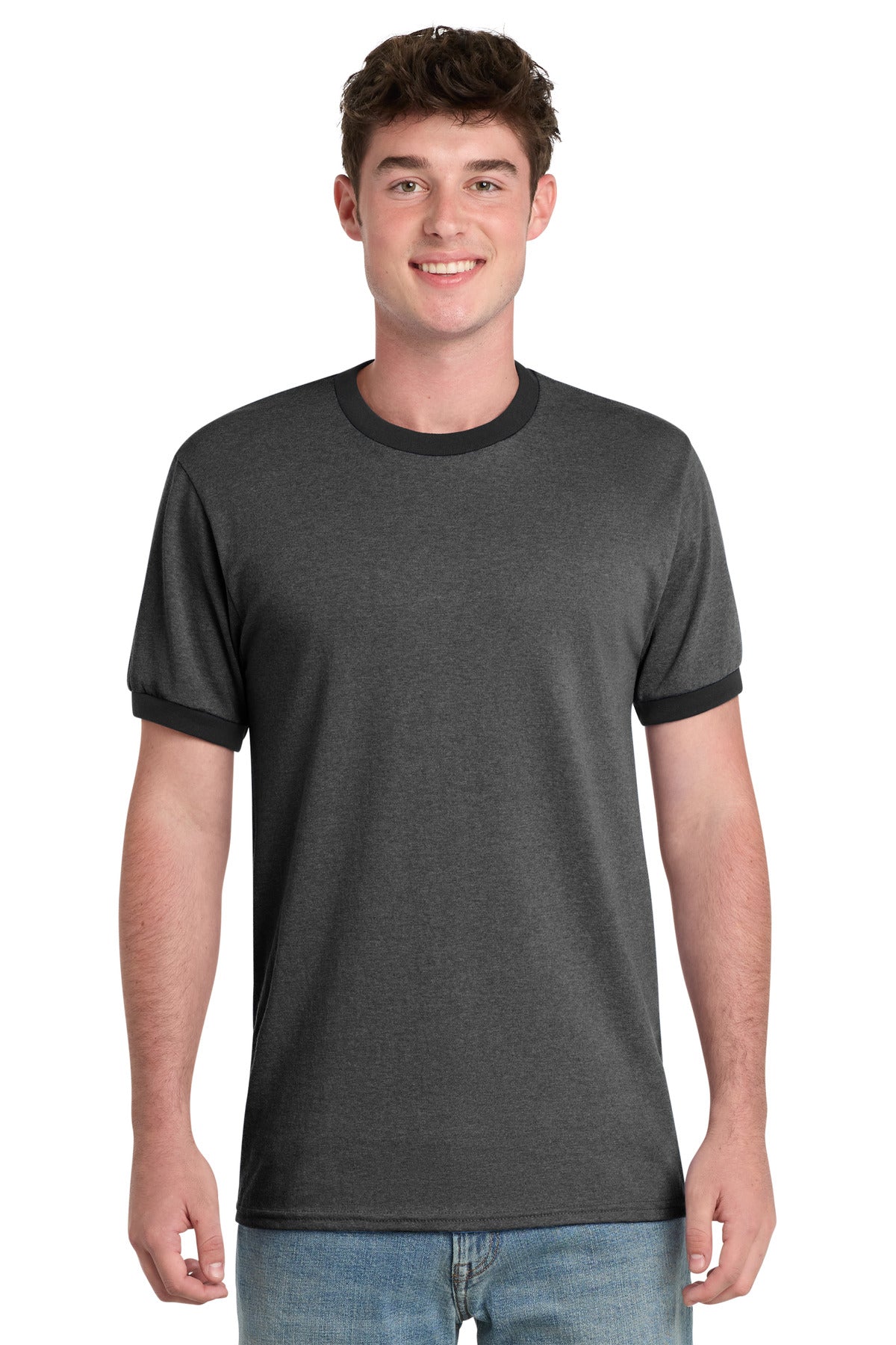 Custom logo Port & Co® Core Cotton Ringer Tee.  PC54R in Dark Heather Grey/ Jet Black