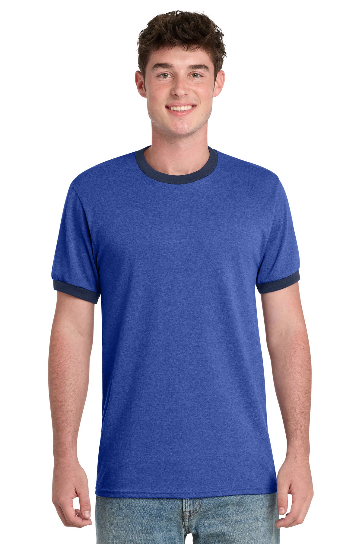 Custom logo Port & Co® Core Cotton Ringer Tee.  PC54R in Heather Royal/ Navy