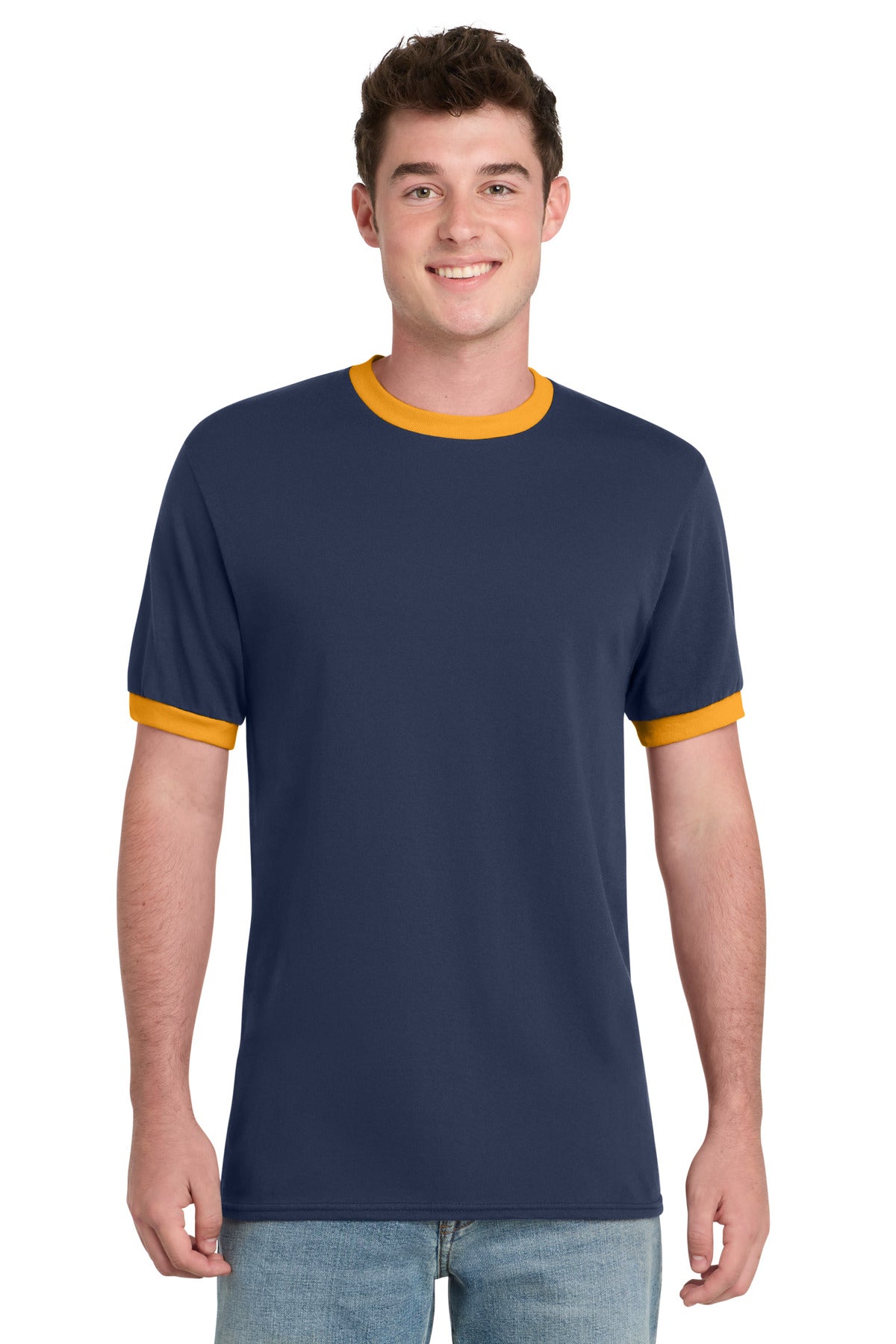 Custom logo Port & Co® Core Cotton Ringer Tee.  PC54R in Navy/ Gold