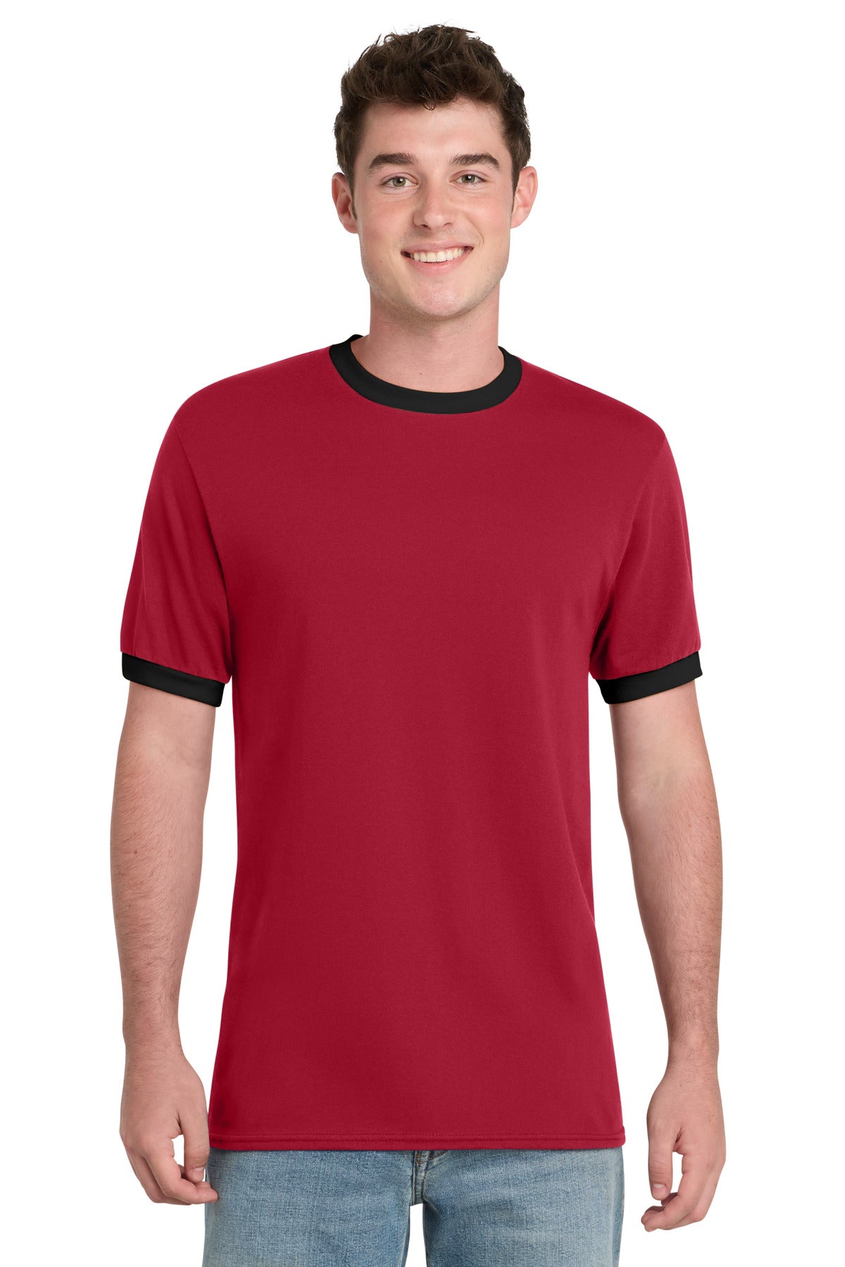 Custom logo Port & Co® Core Cotton Ringer Tee.  PC54R in Red/ Jet Black