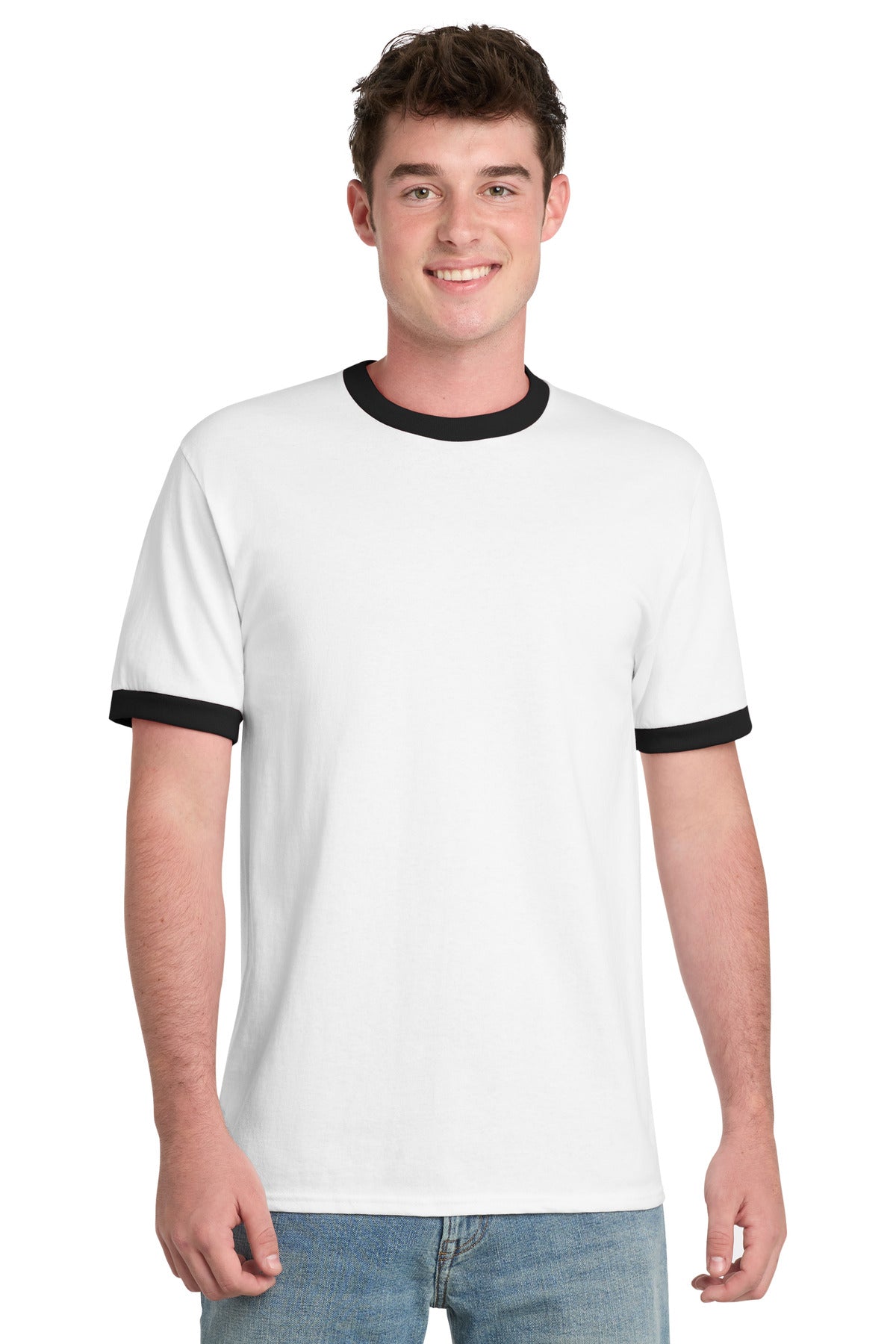 Custom logo Port & Co® Core Cotton Ringer Tee.  PC54R in White/ Jet Black