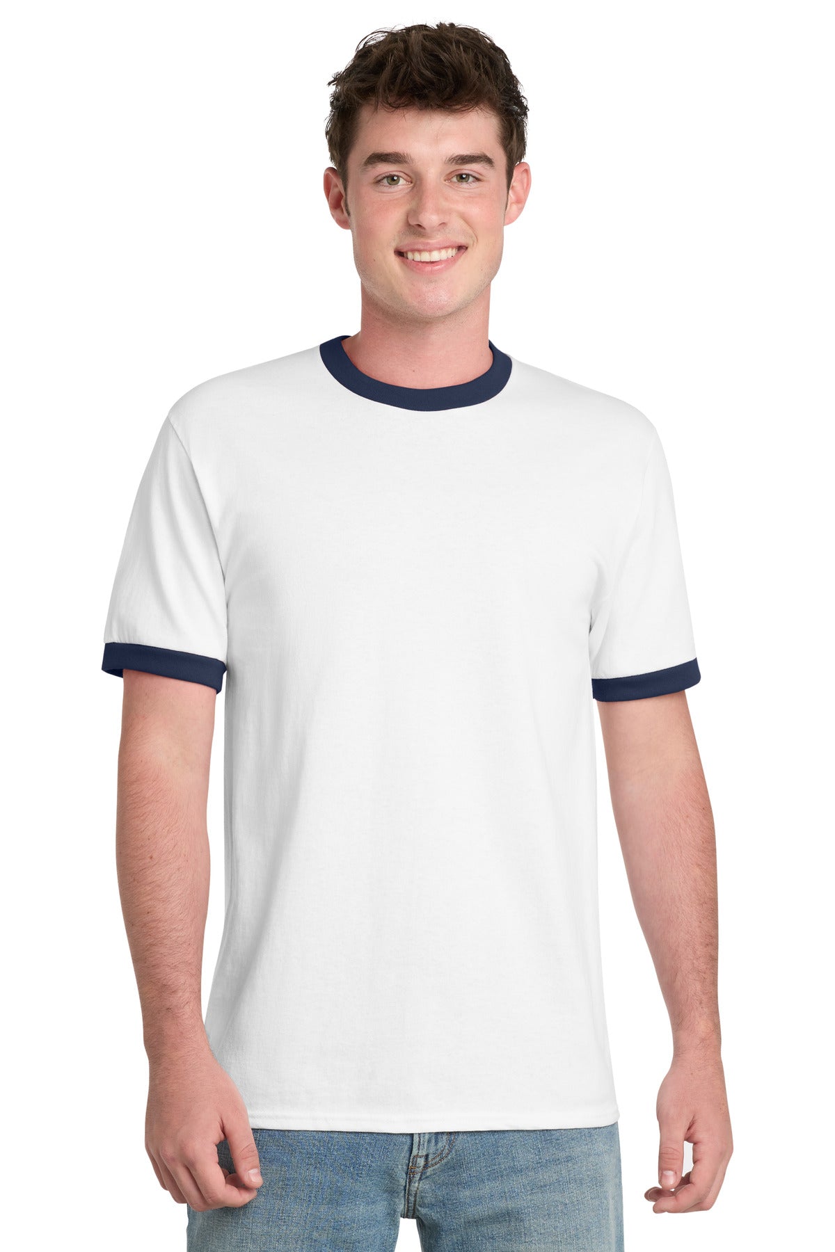 Custom logo Port & Co® Core Cotton Ringer Tee.  PC54R in White/ Navy