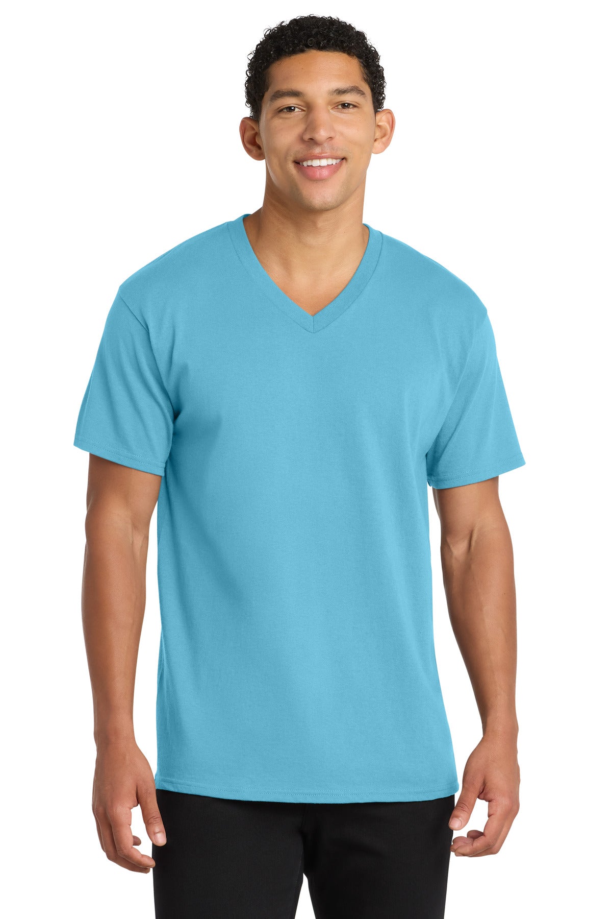 Custom logo Port & Co® Core Cotton V-Neck Tee. PC54V in Aquatic Blue