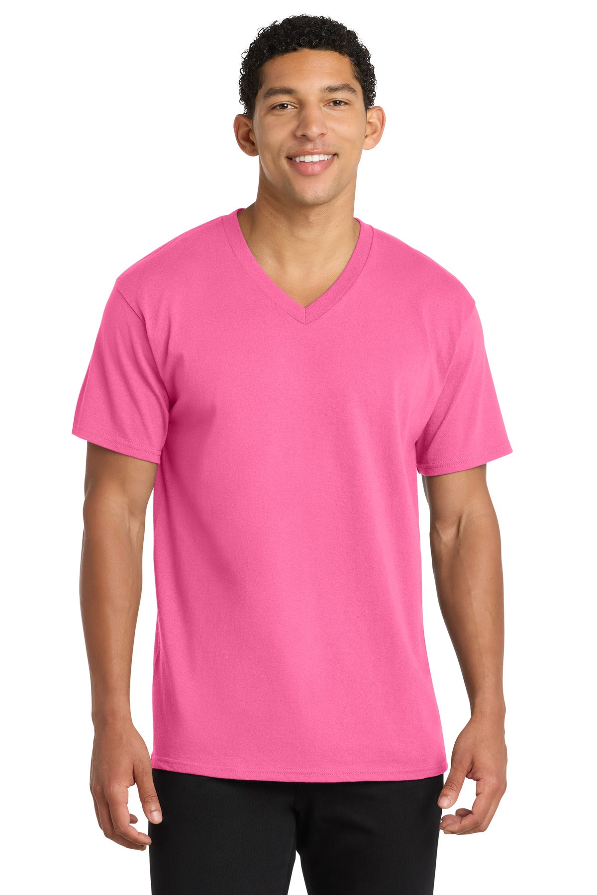 Custom logo Port & Co® Core Cotton V-Neck Tee. PC54V in Neon Pink