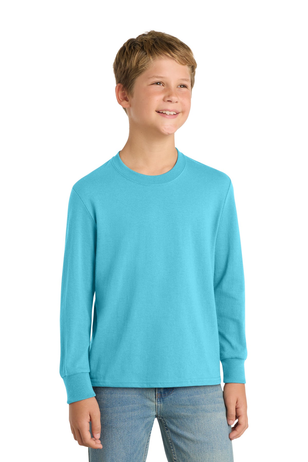 Custom logo Port & Co® Youth Long Sleeve Core Cotton Tee. PC54YLS in Aquatic Blue