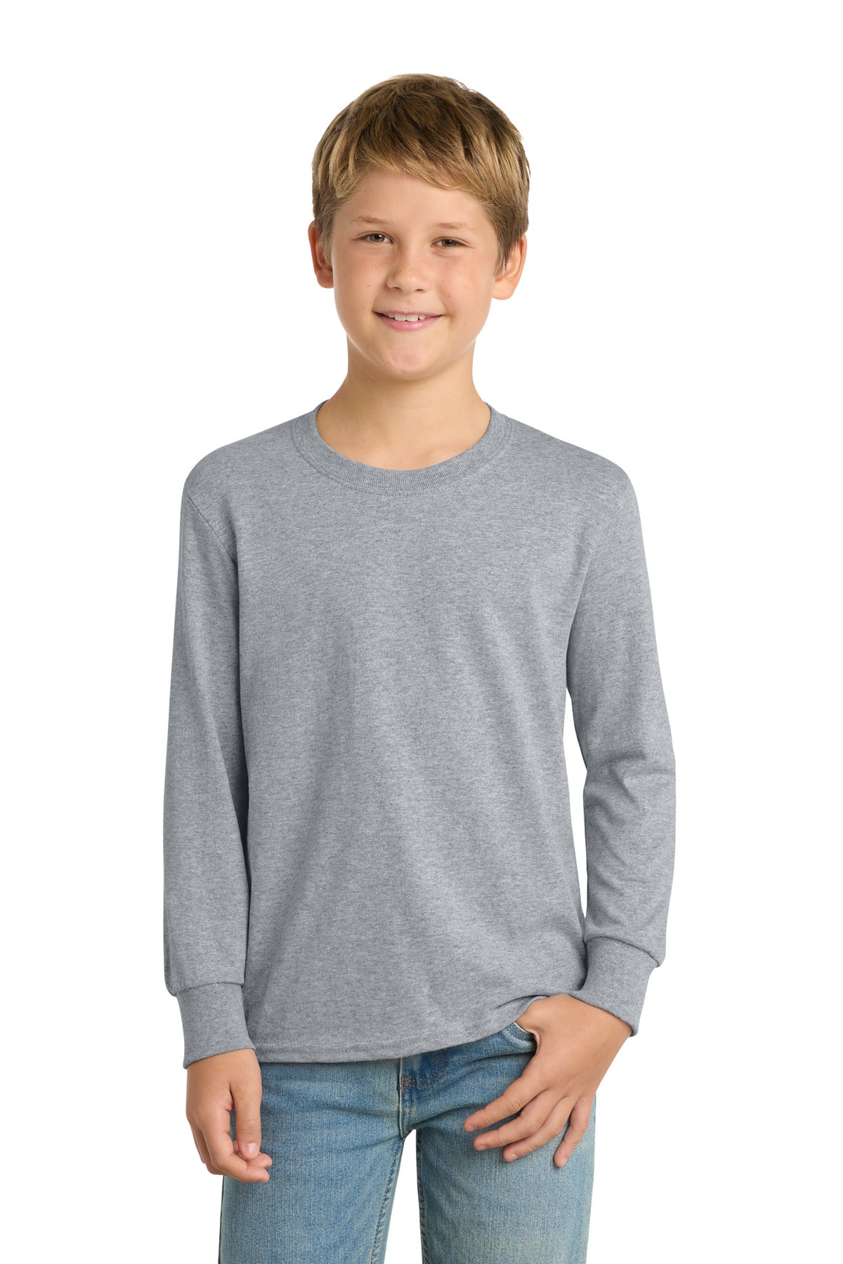 Custom logo Port & Co® Youth Long Sleeve Core Cotton Tee. PC54YLS in Athletic Heather