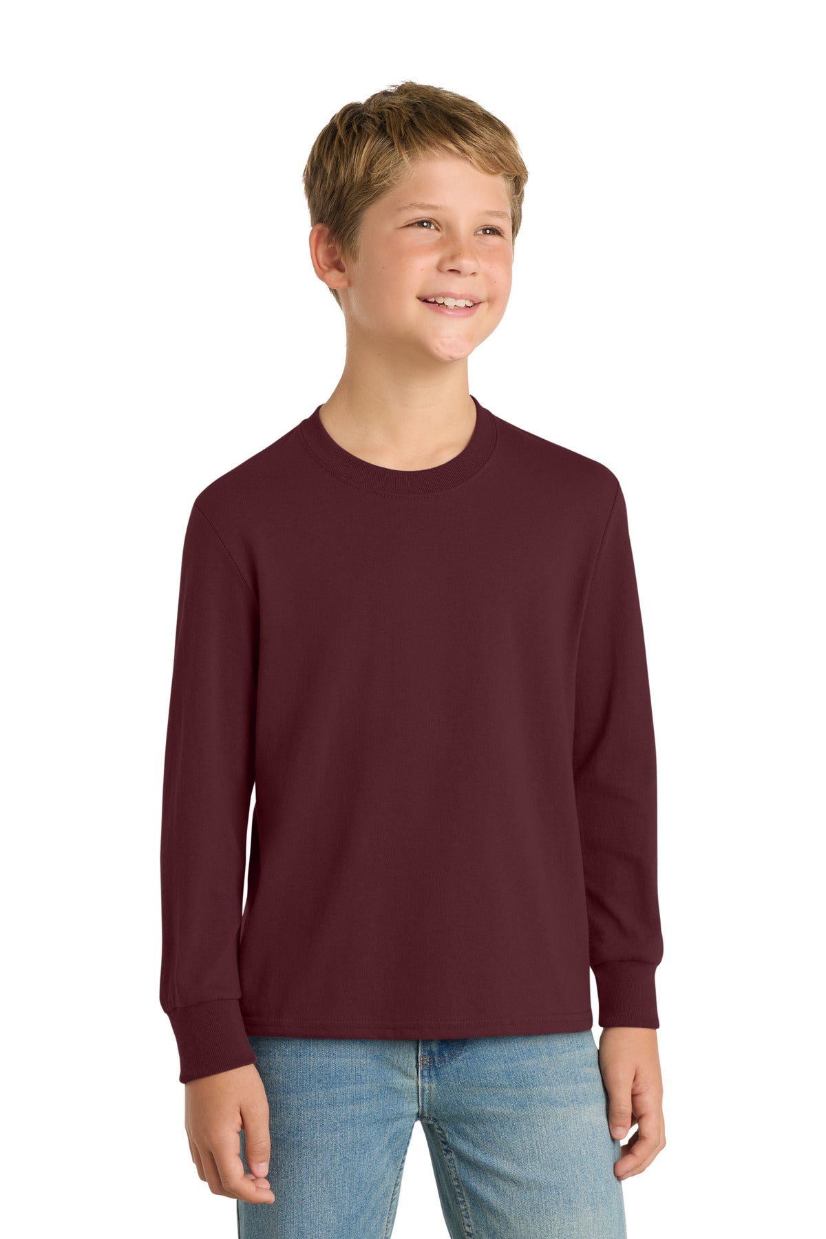 Custom logo Port & Co® Youth Long Sleeve Core Cotton Tee. PC54YLS in Athletic Maroon