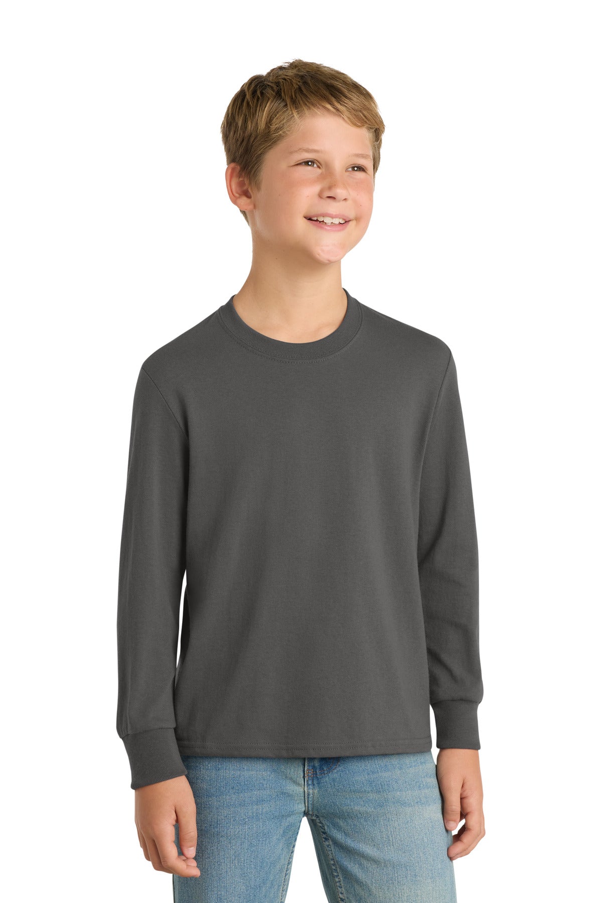 Custom logo Port & Co® Youth Long Sleeve Core Cotton Tee. PC54YLS in Charcoal
