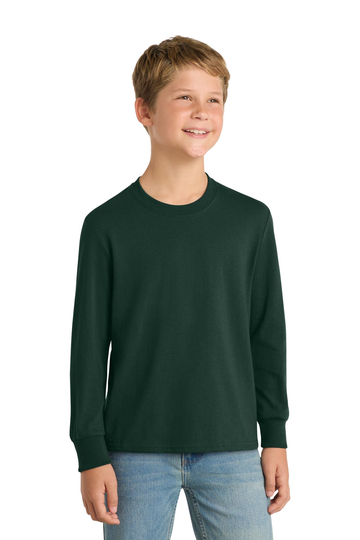 Custom logo Port & Co® Youth Long Sleeve Core Cotton Tee. PC54YLS in Dark Green