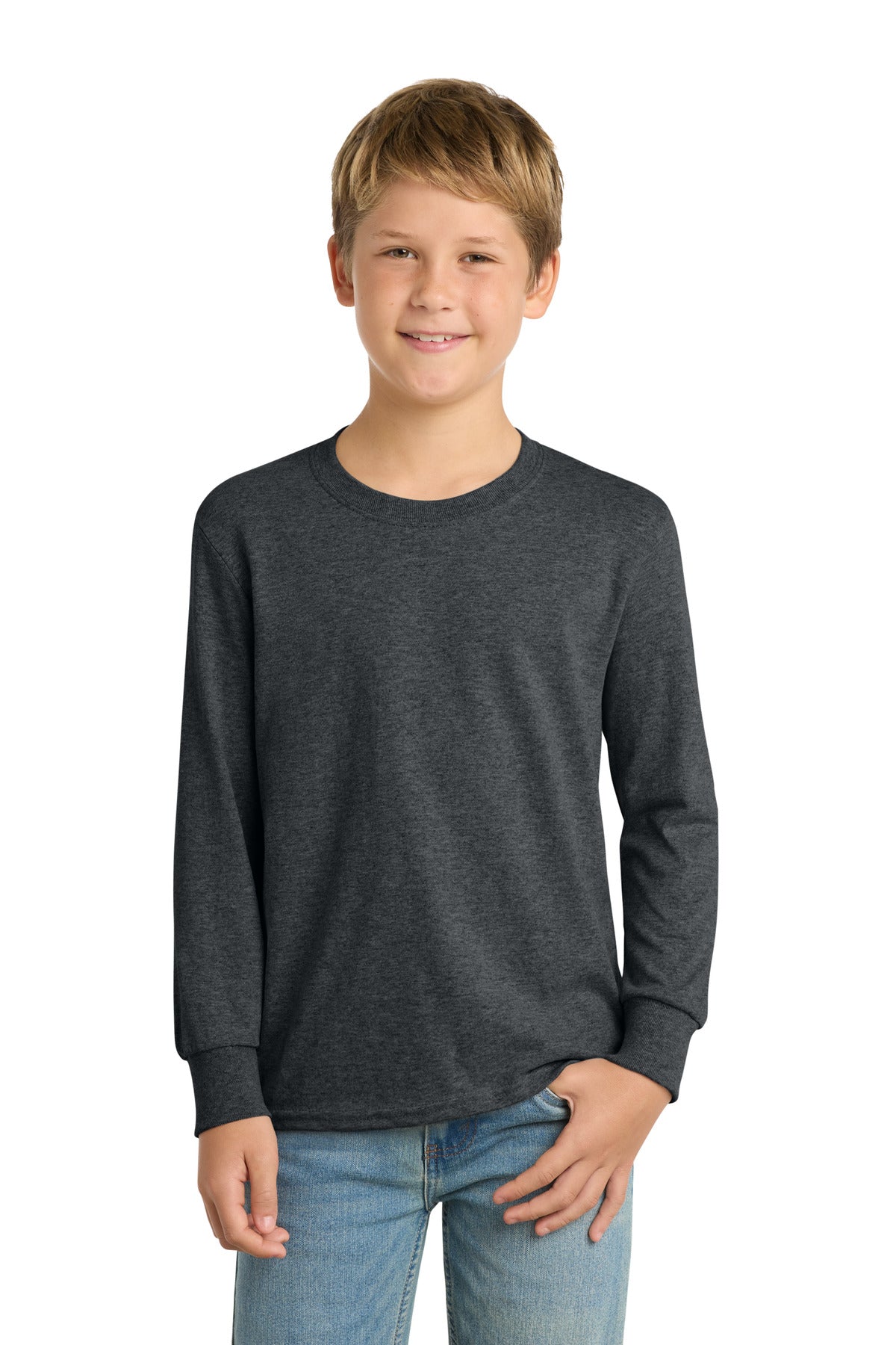 Custom logo Port & Co® Youth Long Sleeve Core Cotton Tee. PC54YLS in Dark Heather Grey