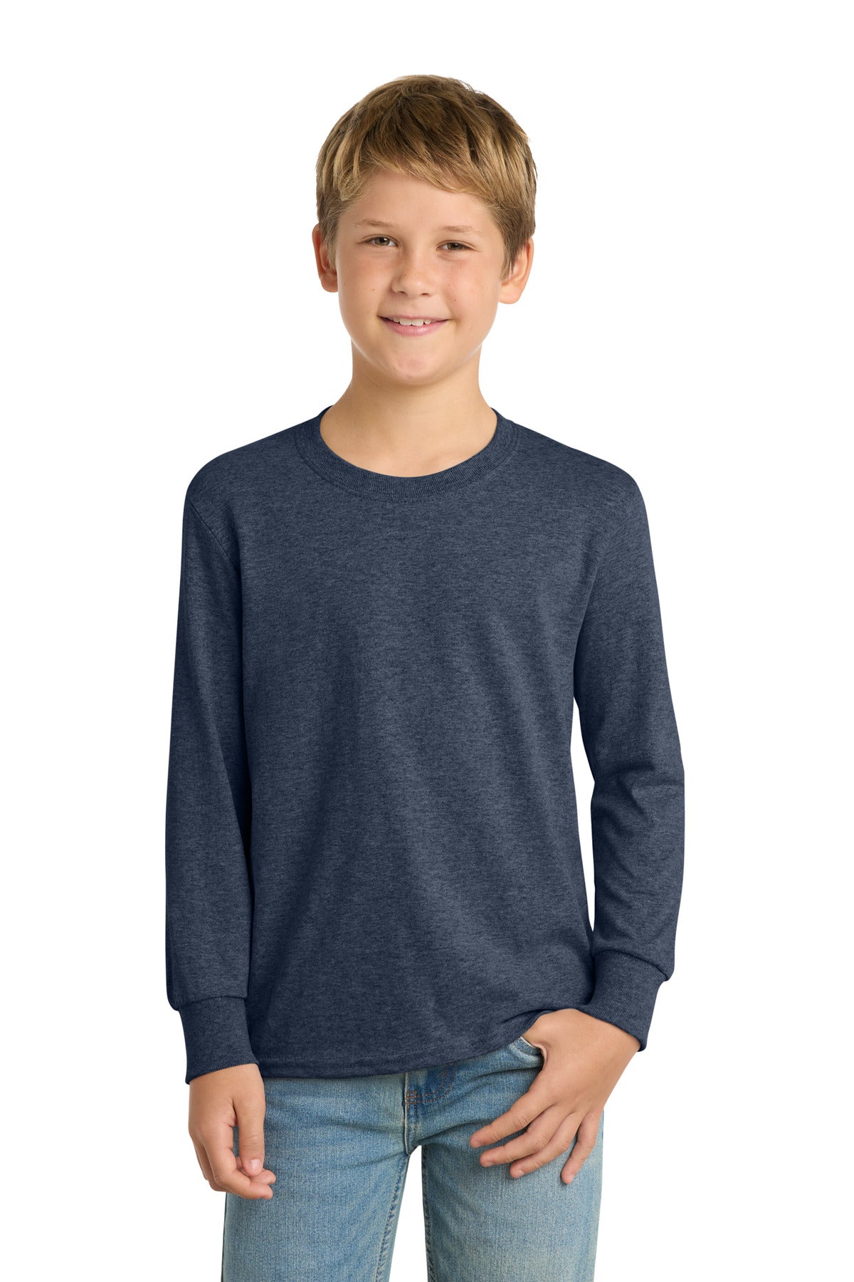 Custom logo Port & Co® Youth Long Sleeve Core Cotton Tee. PC54YLS in Heather Navy