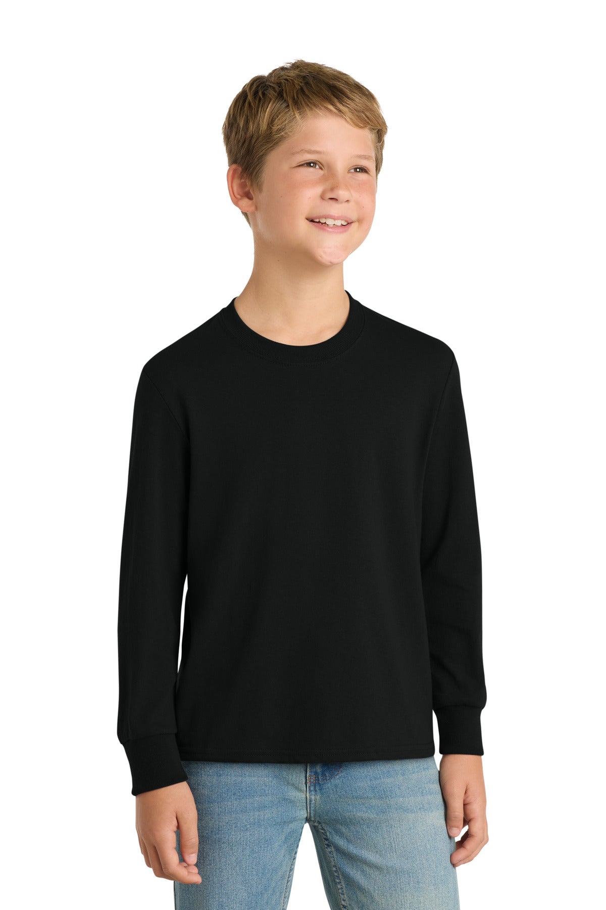 Custom logo Port & Co® Youth Long Sleeve Core Cotton Tee. PC54YLS in Jet Black