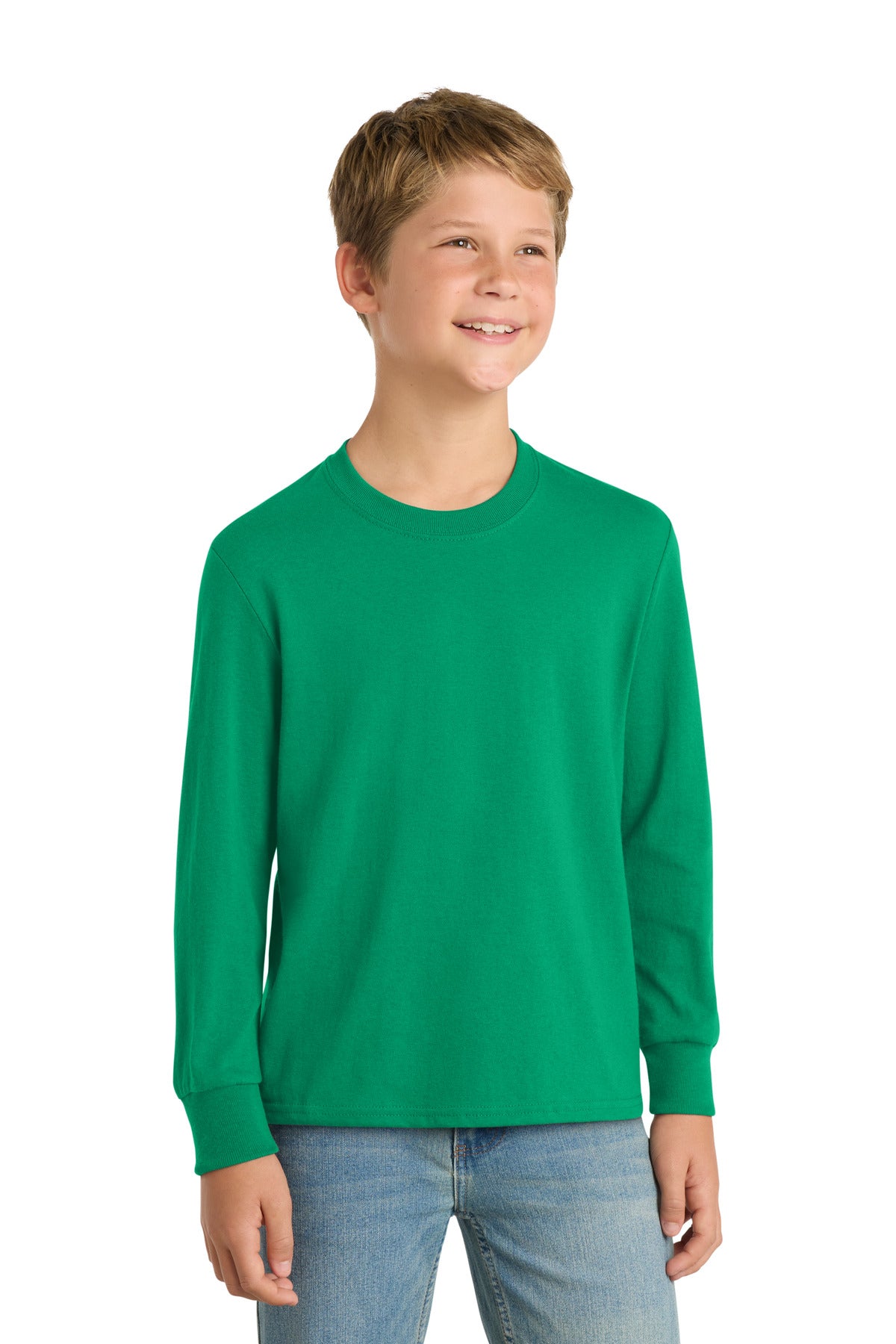 Custom logo Port & Co® Youth Long Sleeve Core Cotton Tee. PC54YLS in Kelly
