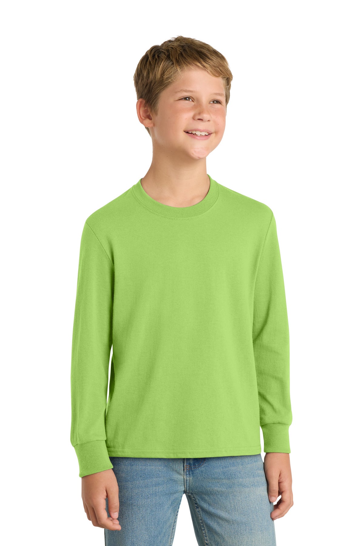 Custom logo Port & Co® Youth Long Sleeve Core Cotton Tee. PC54YLS in Lime