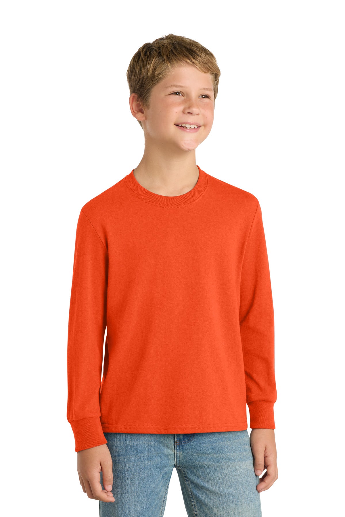Custom logo Port & Co® Youth Long Sleeve Core Cotton Tee. PC54YLS in Orange