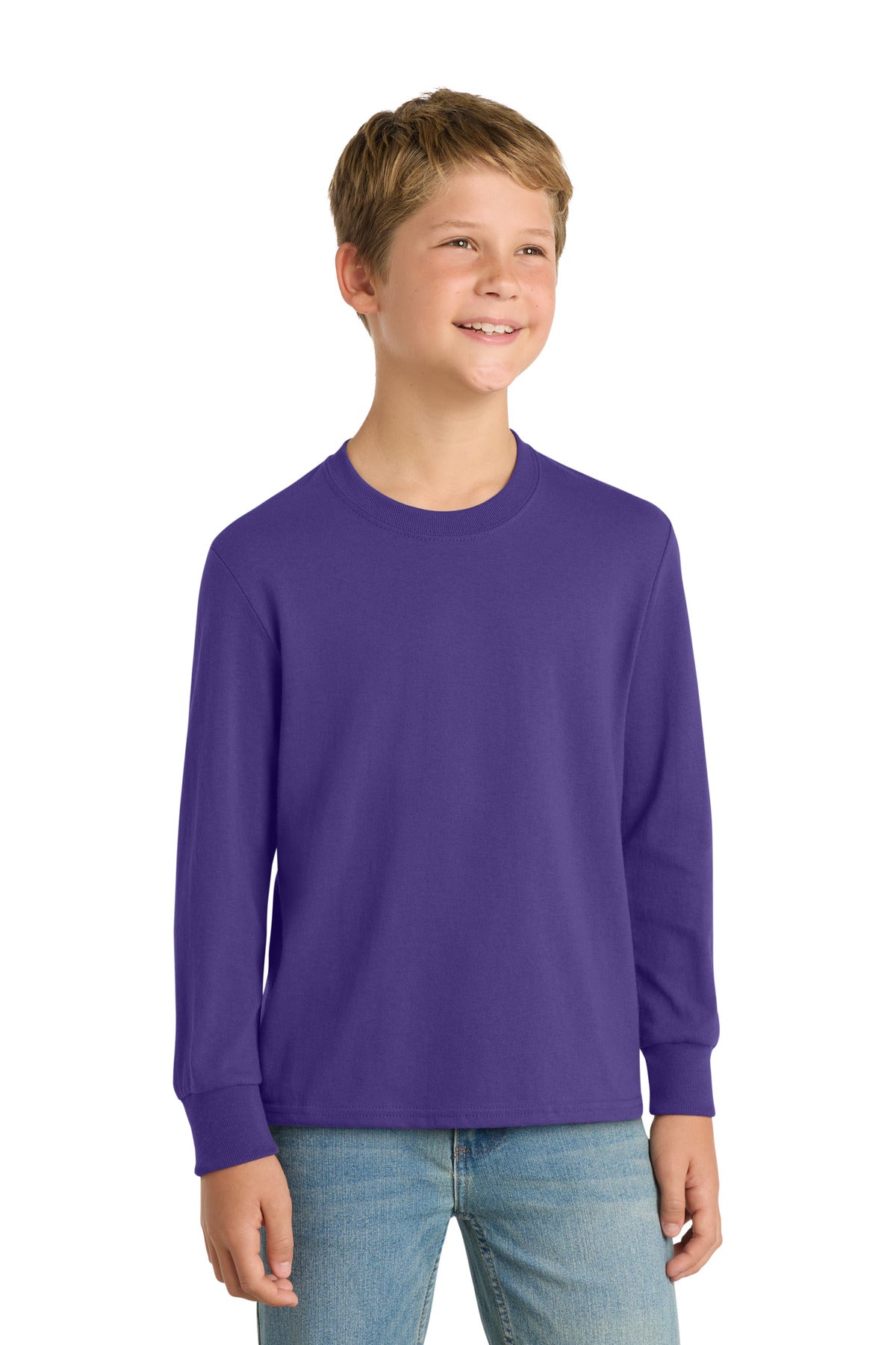 Custom logo Port & Co® Youth Long Sleeve Core Cotton Tee. PC54YLS in Purple