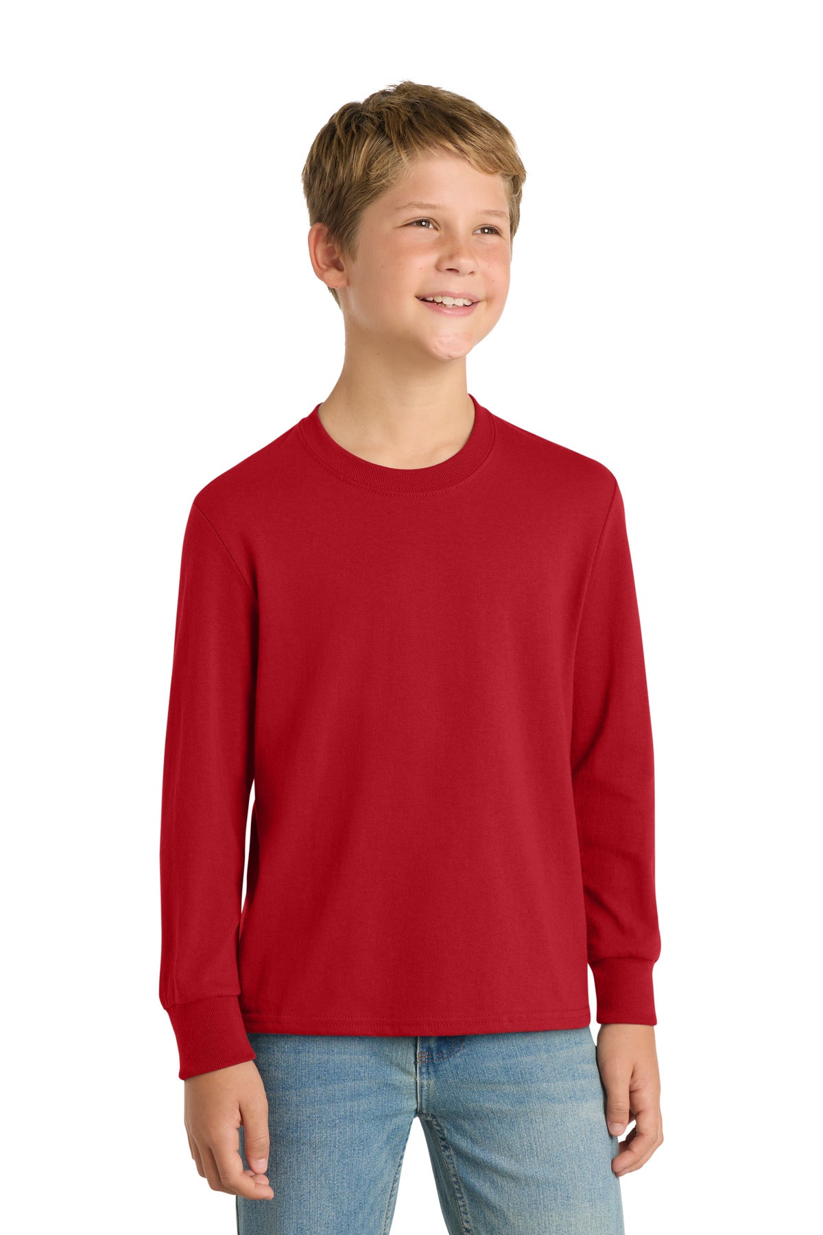Custom logo Port & Co® Youth Long Sleeve Core Cotton Tee. PC54YLS in Red