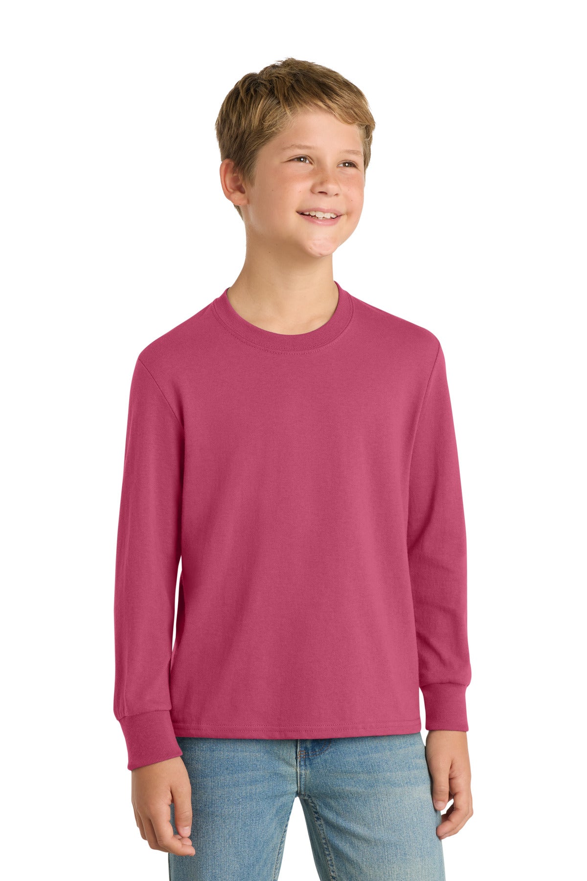 Custom logo Port & Co® Youth Long Sleeve Core Cotton Tee. PC54YLS in Sangria