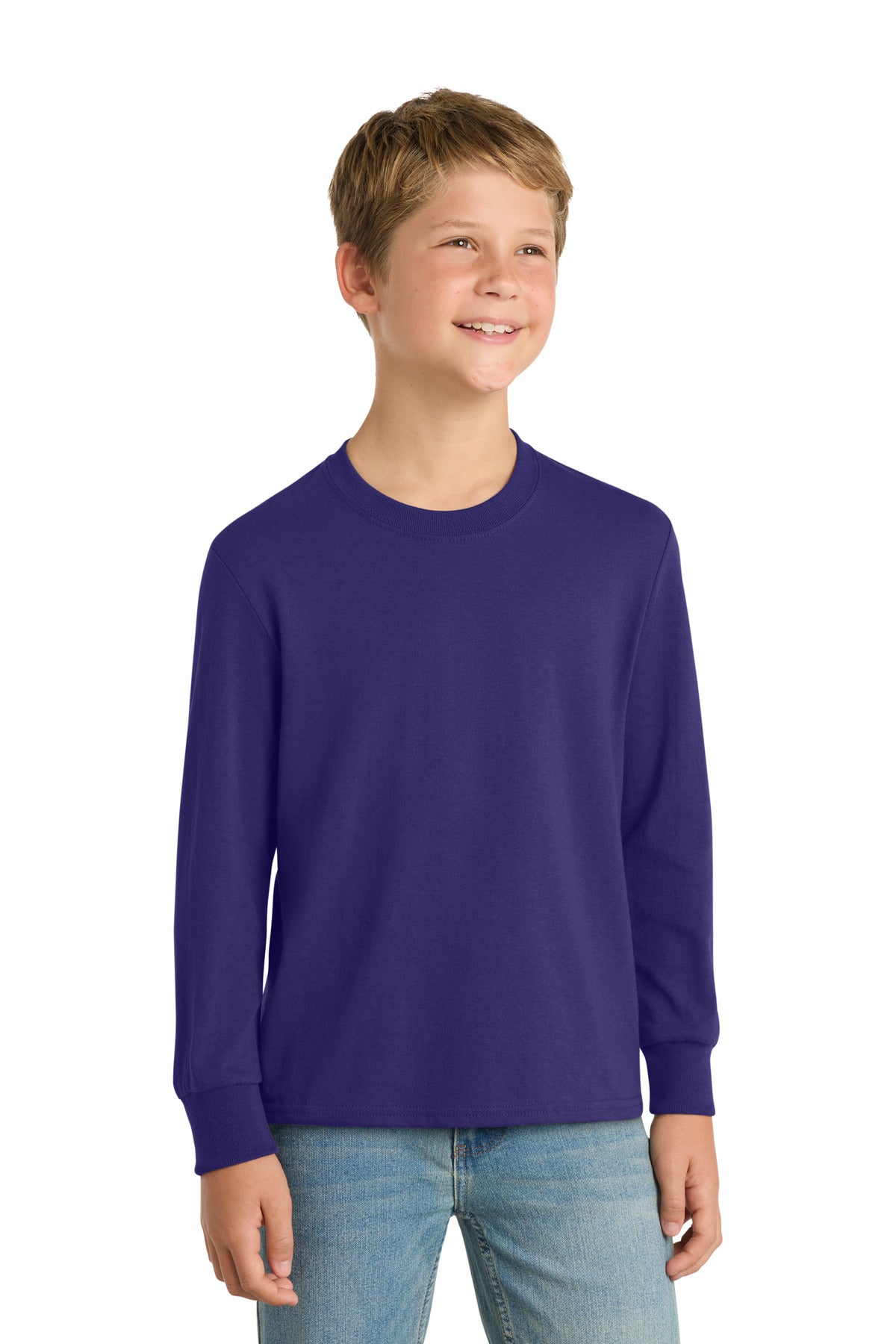 Custom logo Port & Co® Youth Long Sleeve Core Cotton Tee. PC54YLS in Team Purple