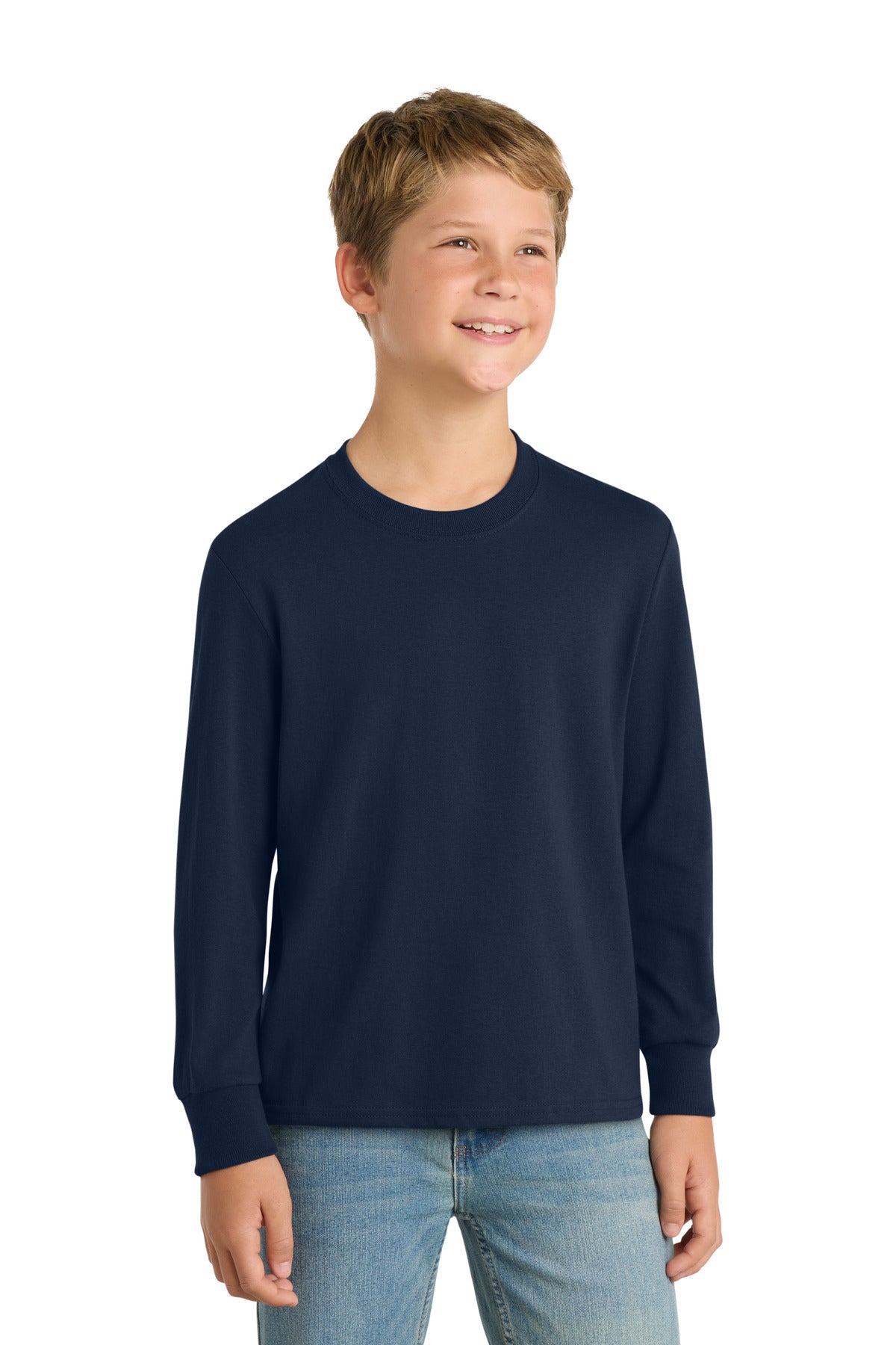 Custom logo Port & Co® Youth Long Sleeve Core Cotton Tee. PC54YLS in True Navy
