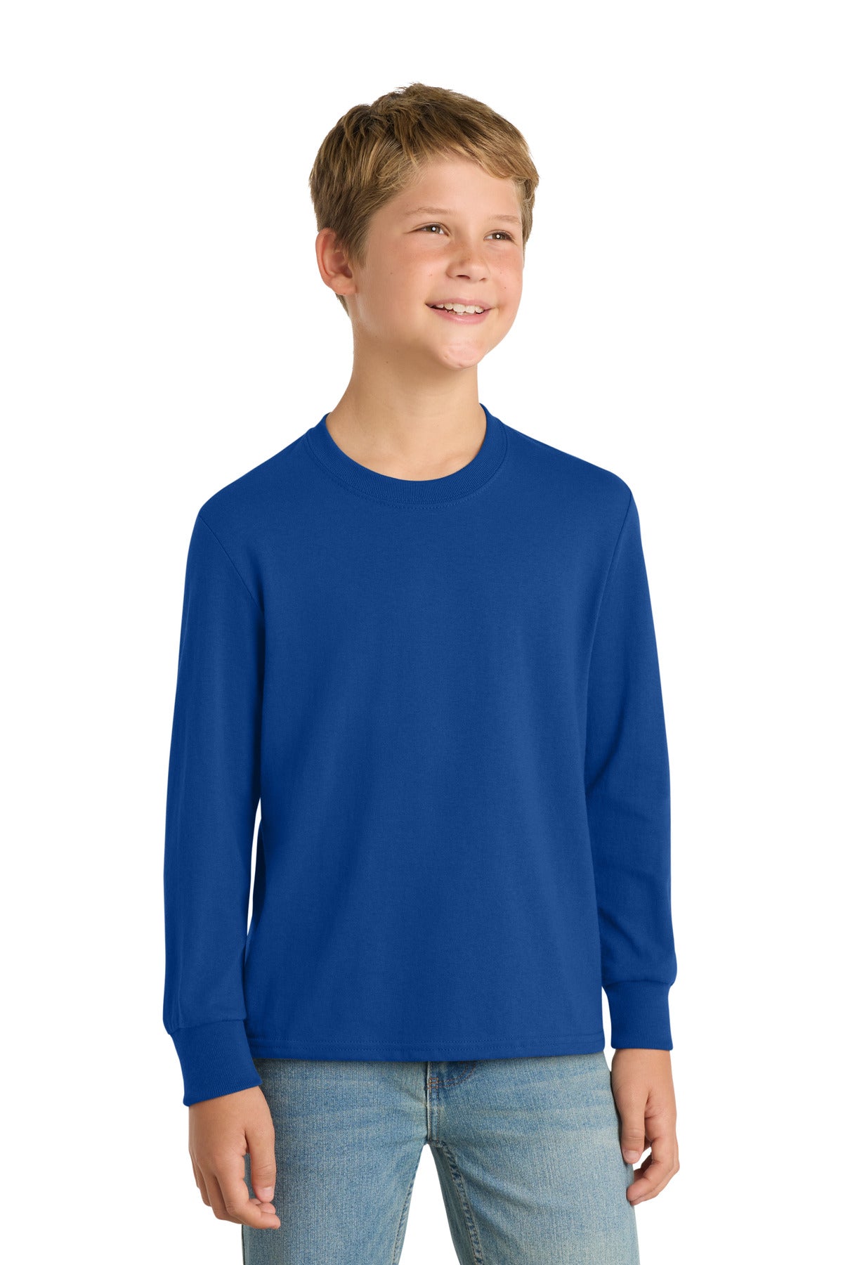 Custom logo Port & Co® Youth Long Sleeve Core Cotton Tee. PC54YLS in True Royal
