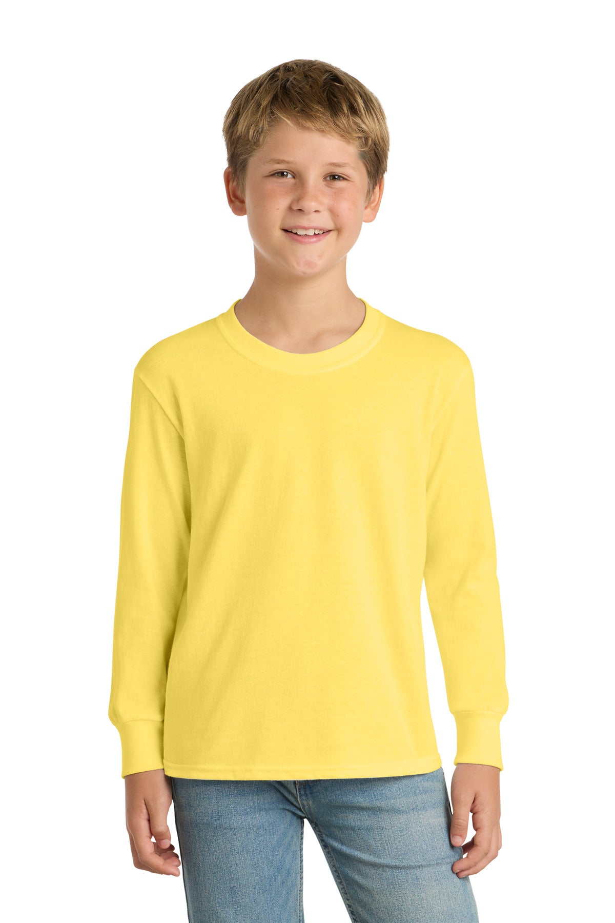 Custom logo Port & Co® Youth Long Sleeve Core Cotton Tee. PC54YLS in Yellow
