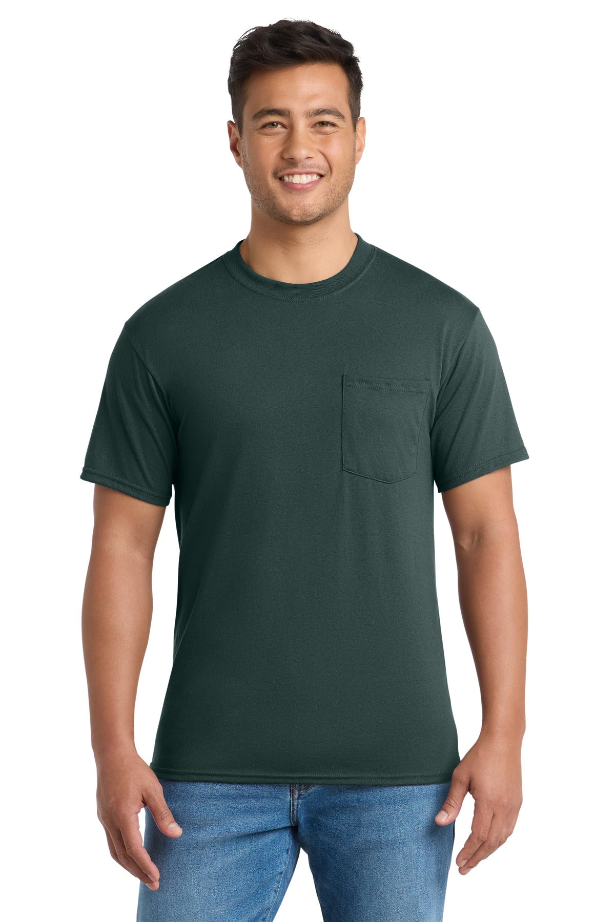 Custom logo Port & Co® Tall Core Blend Pocket Tee. PC55PT in Dark Green